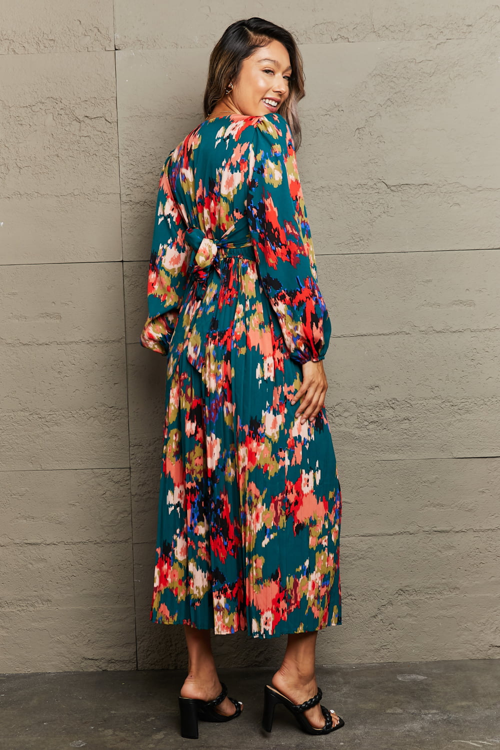 Perfee Printed Deep V Slit Pleated Dress - AMIN Clothing 