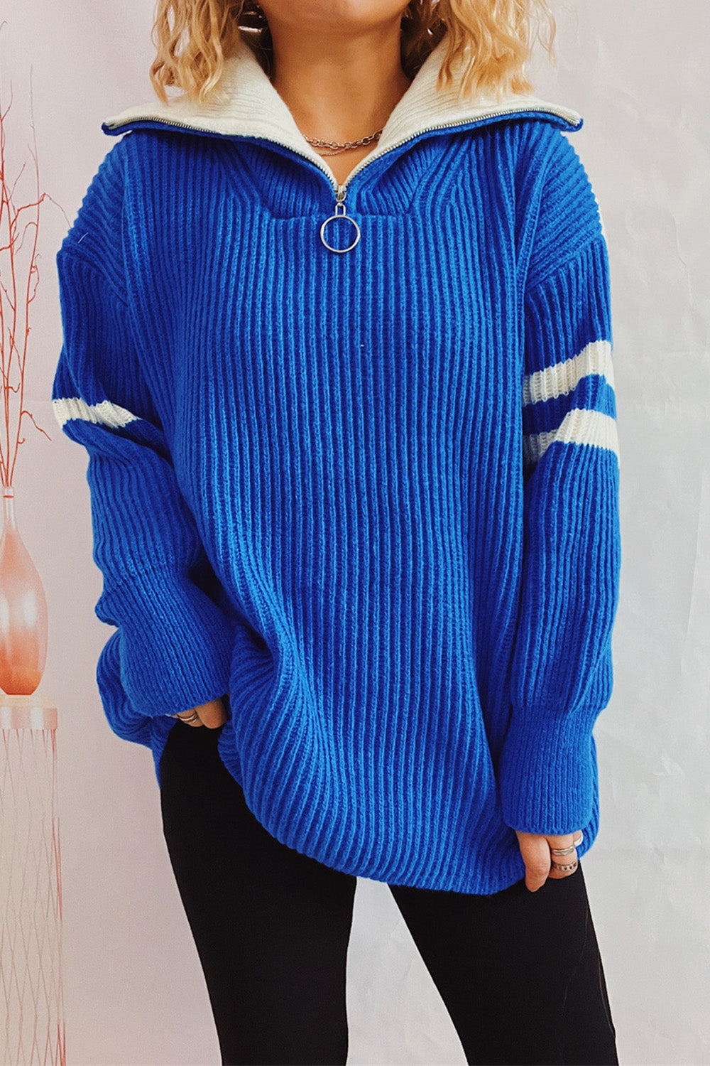 Quarter Zip Striped Dropped Shoulder Sweater - AMIN Clothing 