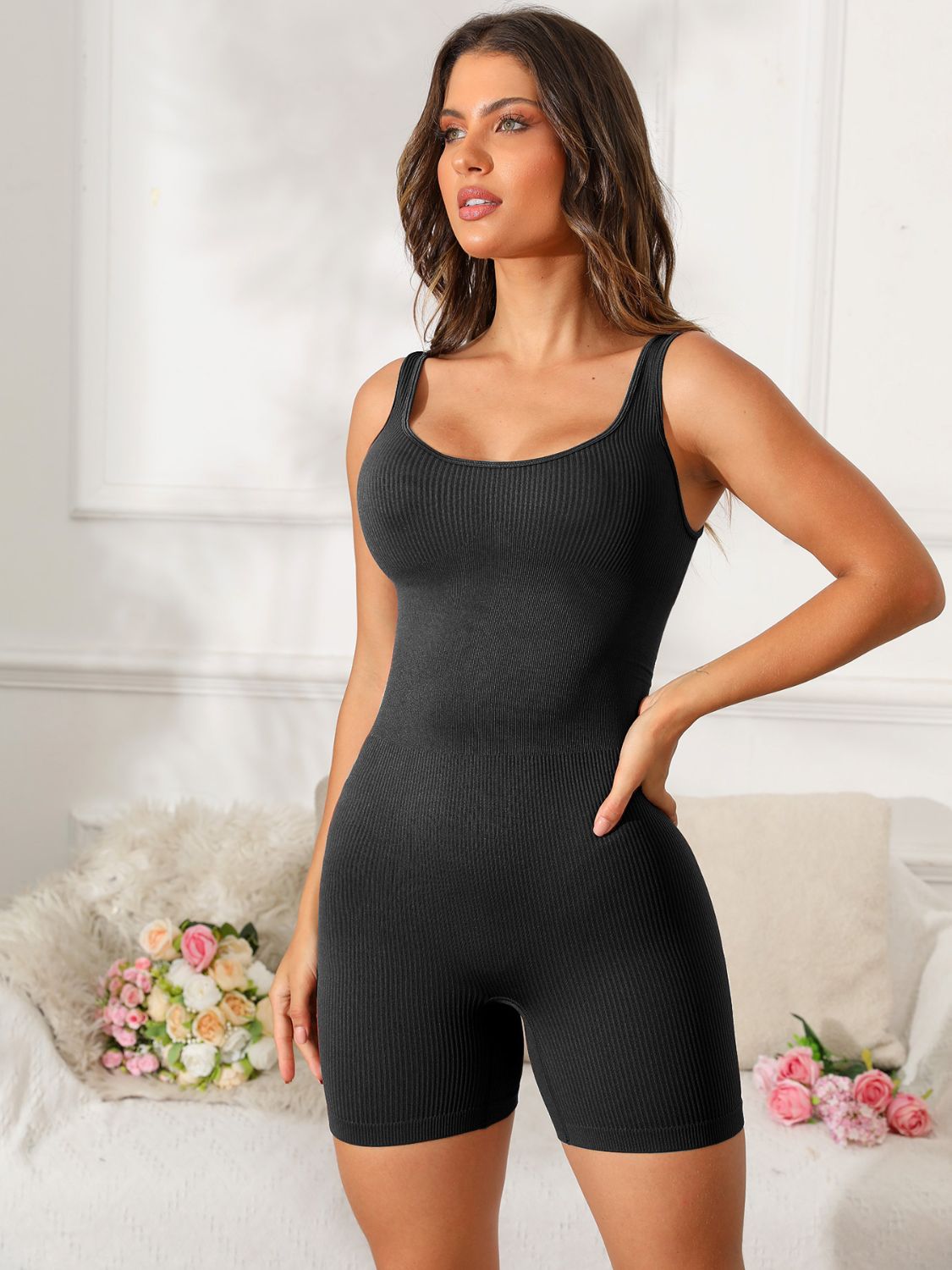 Scoop Neck Wide Strap Active Romper - AMIN Clothing 