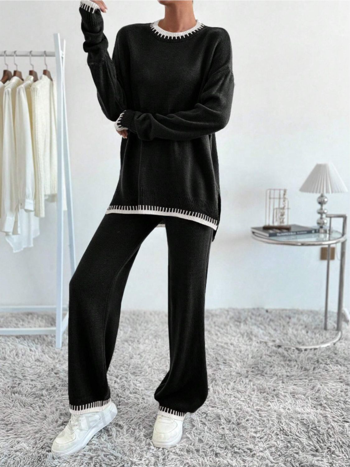 Side Slit Contrast Trim Round Neck Top and Pants Sweater Set - AMIN Clothing 