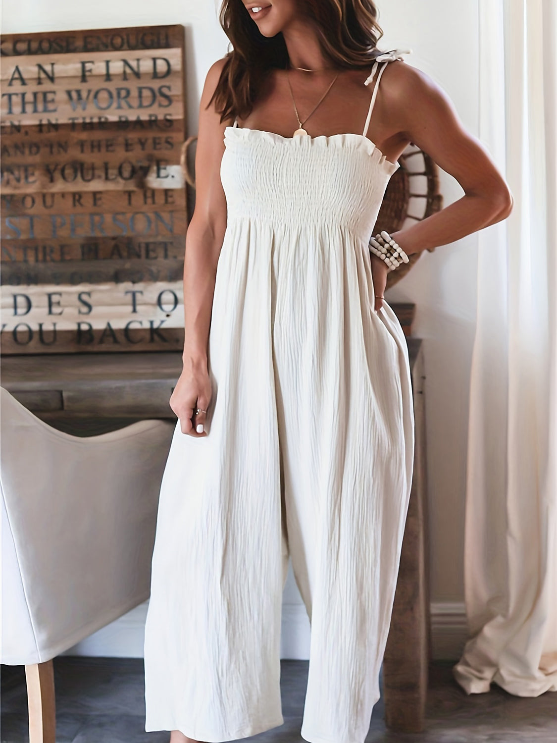 Full Size Smocked Spaghetti Strap Wide Leg Jumpsuit - AMIN Clothing 