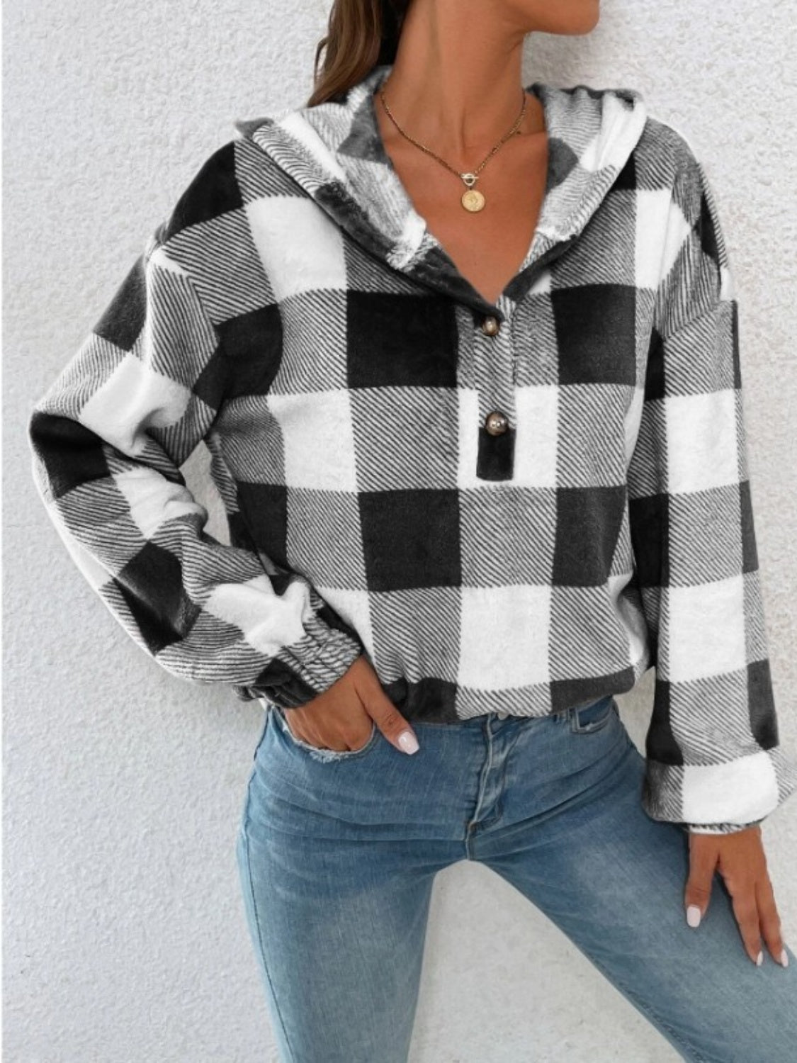 Plaid Half Button Long Sleeve Hoodie - AMIN Clothing 