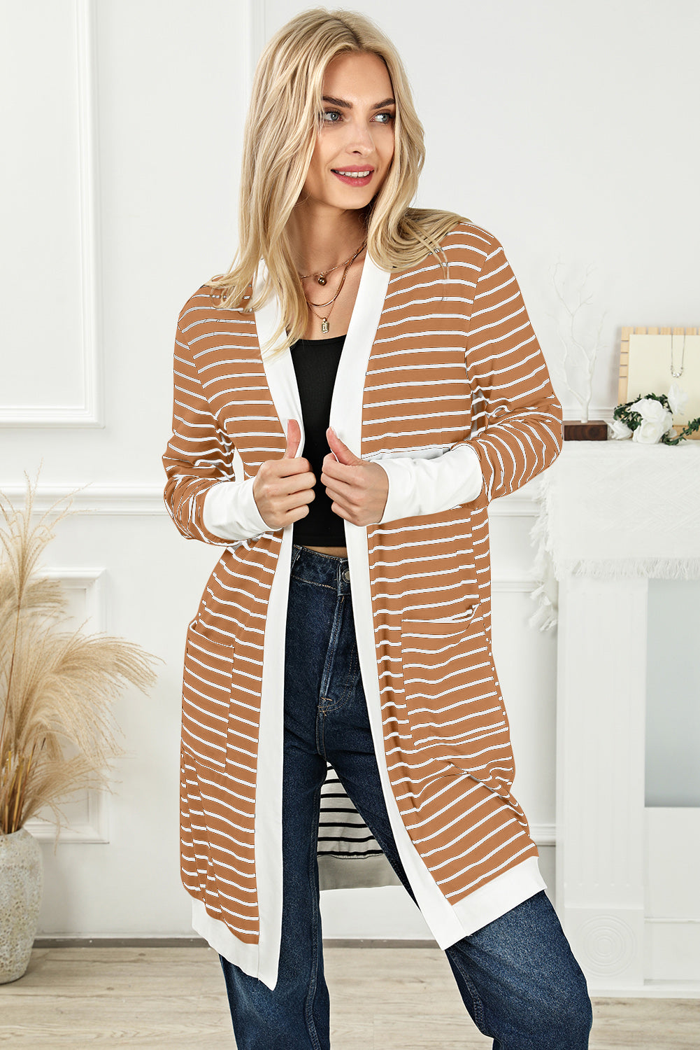 Striped Open Front Longline Cardigan - AMIN Clothing 