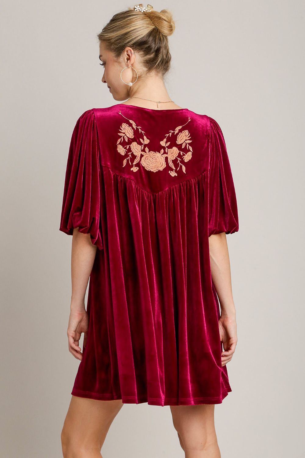 Umgee Embroidered Half Sleeve Velvet Mini Dress with Tassel - AMIN Clothing 