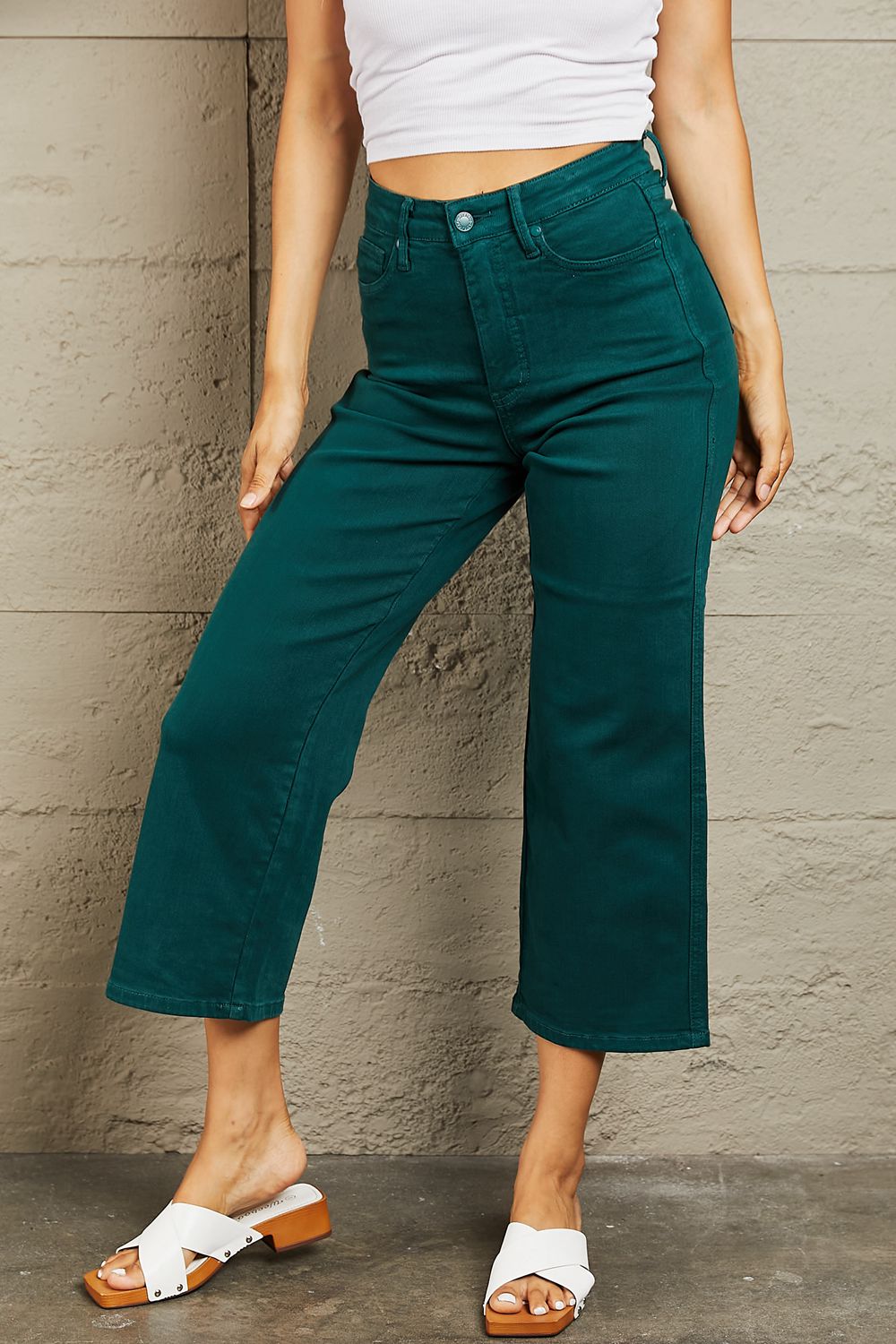 Judy Blue Hailey Full Size Tummy Control High Waisted Cropped Wide Leg Jeans - AMIN Clothing 