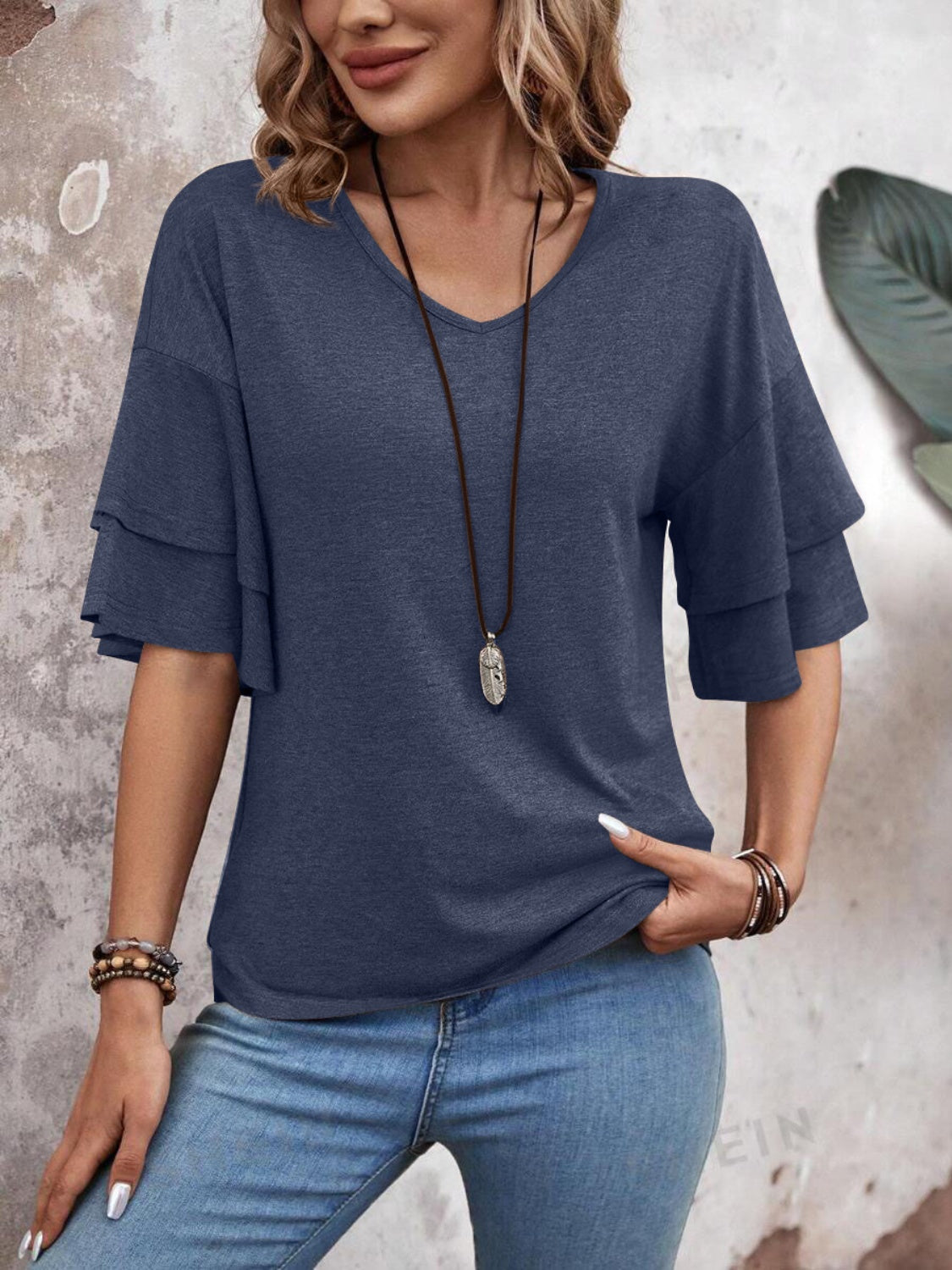 V-Neck Half Sleeve Blouse - AMIN Clothing 