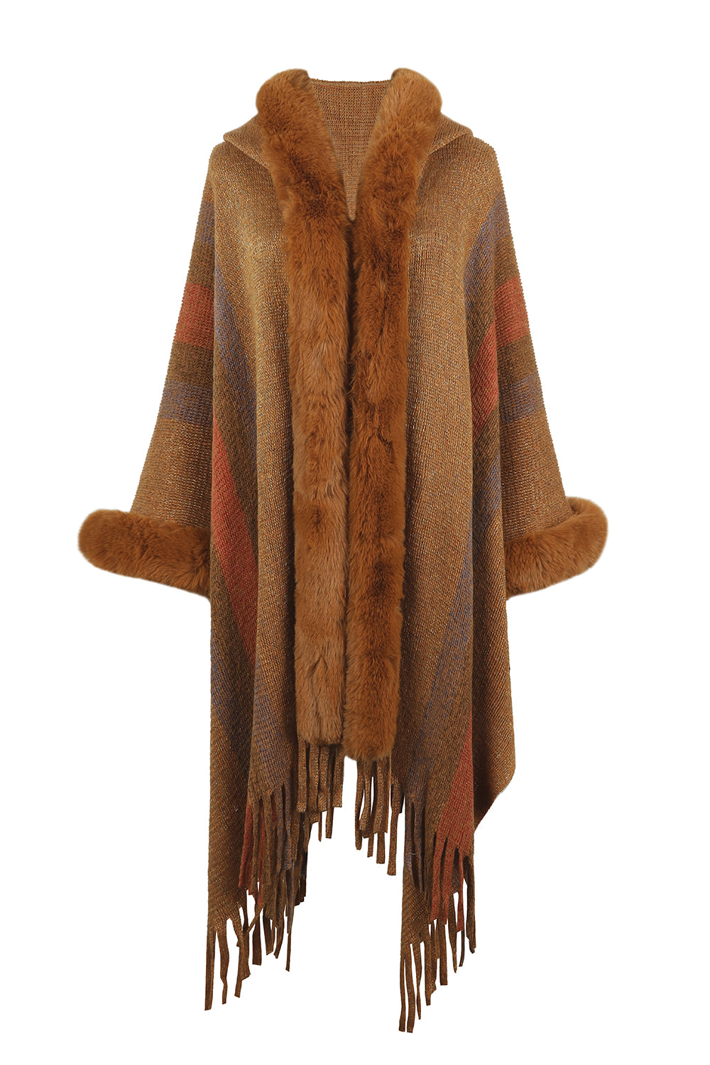 Color Block Fringe Detail Poncho - AMIN Clothing 