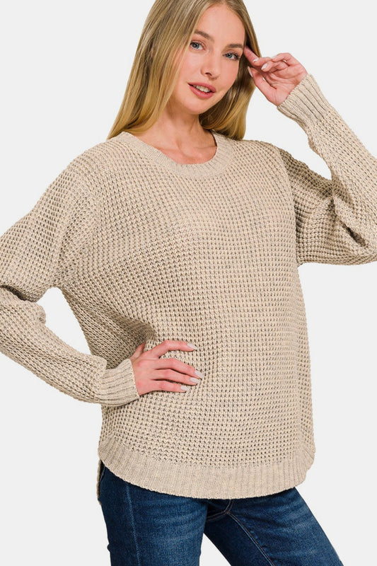 Zenana High Low Long Sleeve Waffle Sweater - AMIN Clothing 