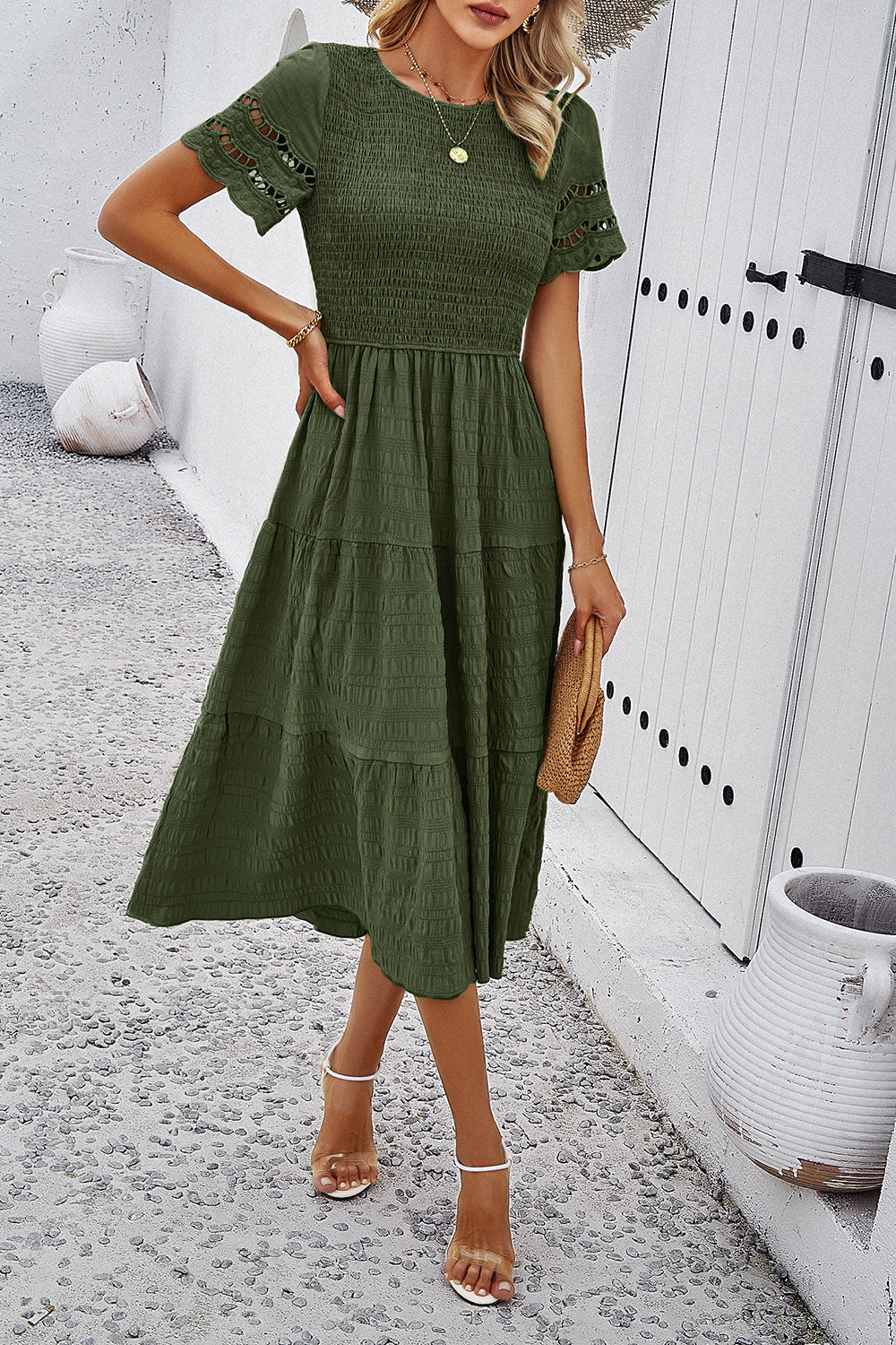 Devine Smocked Round Neck Short Sleeve Midi Dress - AMIN Clothing 