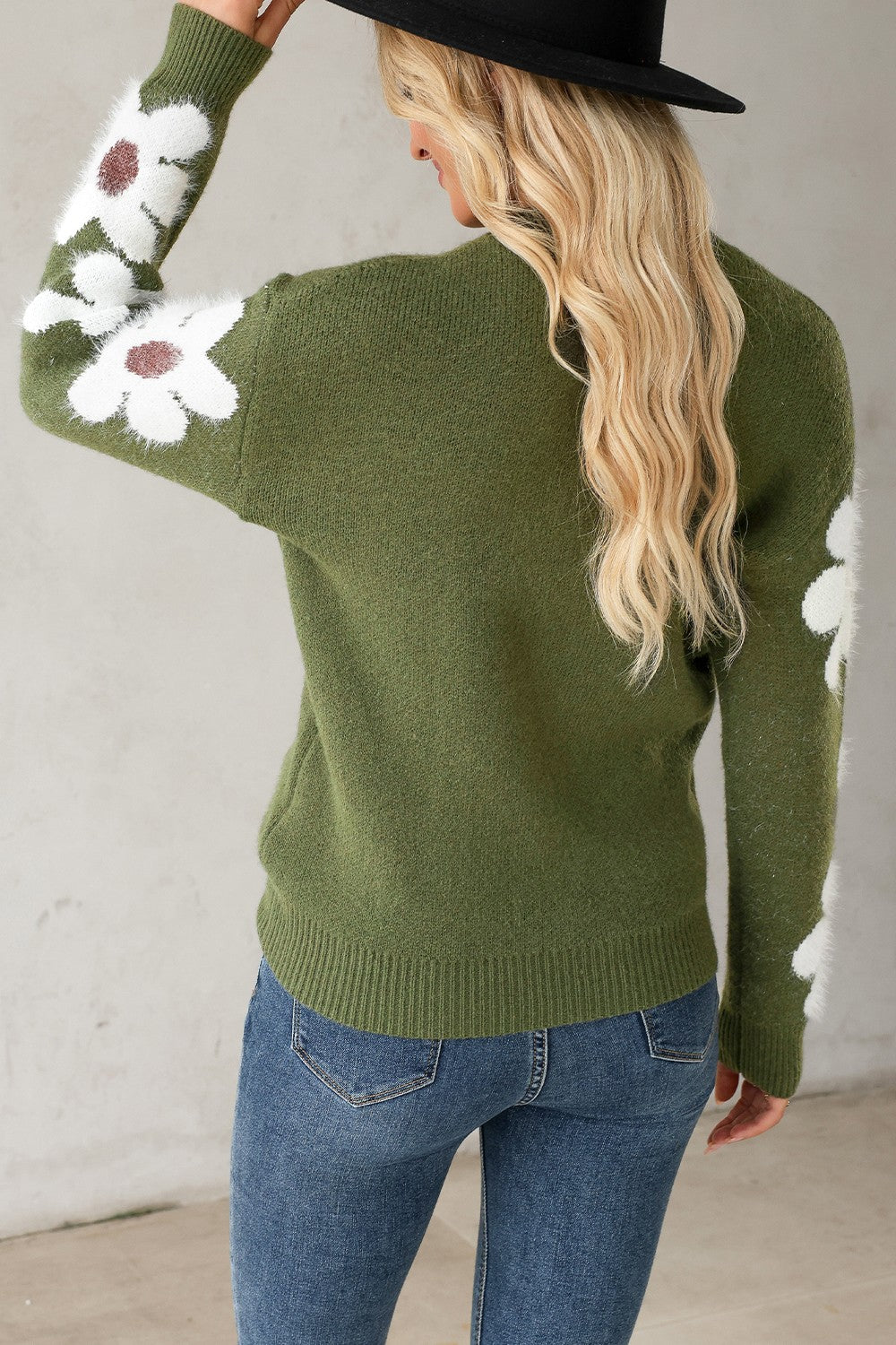 Flower Round Neck Long Sleeve Sweater - AMIN Clothing 