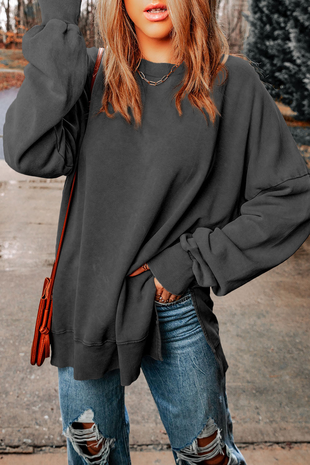 Dropped Shoulder Round Neck Long Sleeve Blouse - AMIN Clothing 