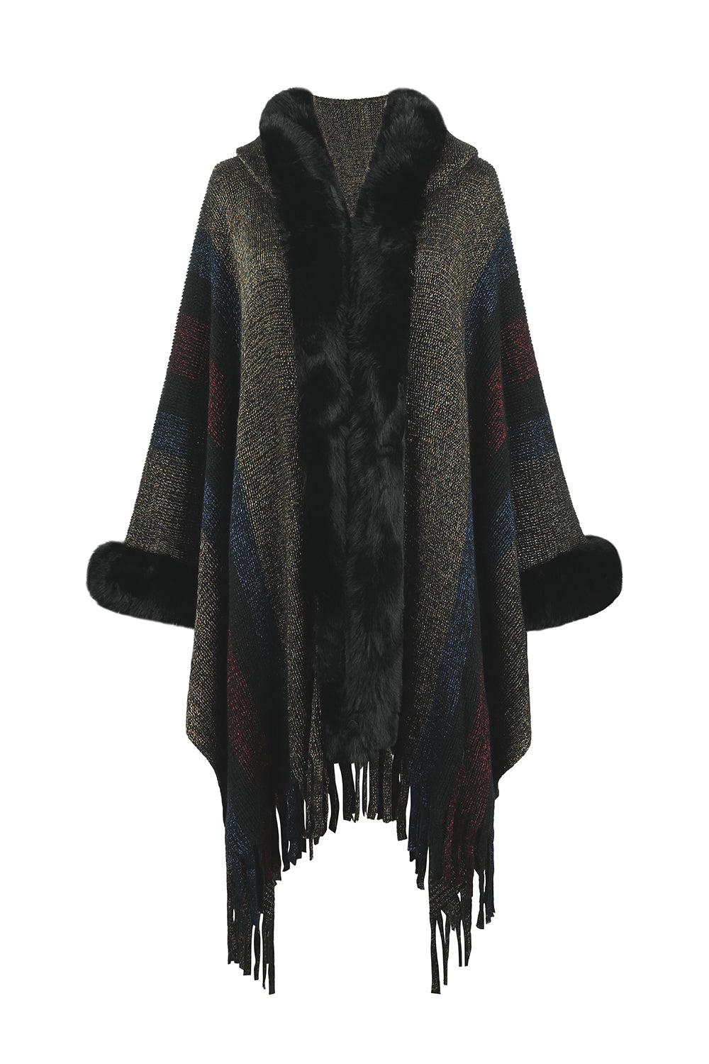 Color Block Fringe Detail Poncho - AMIN Clothing 