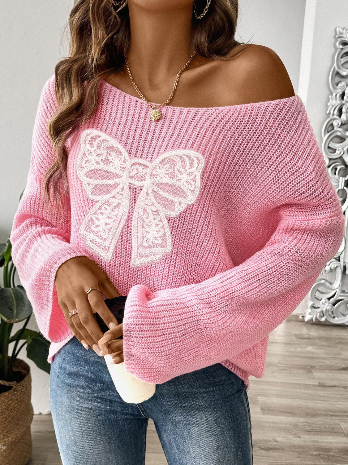 Bow Boat Neck Long Sleeve Sweater - AMIN Clothing 