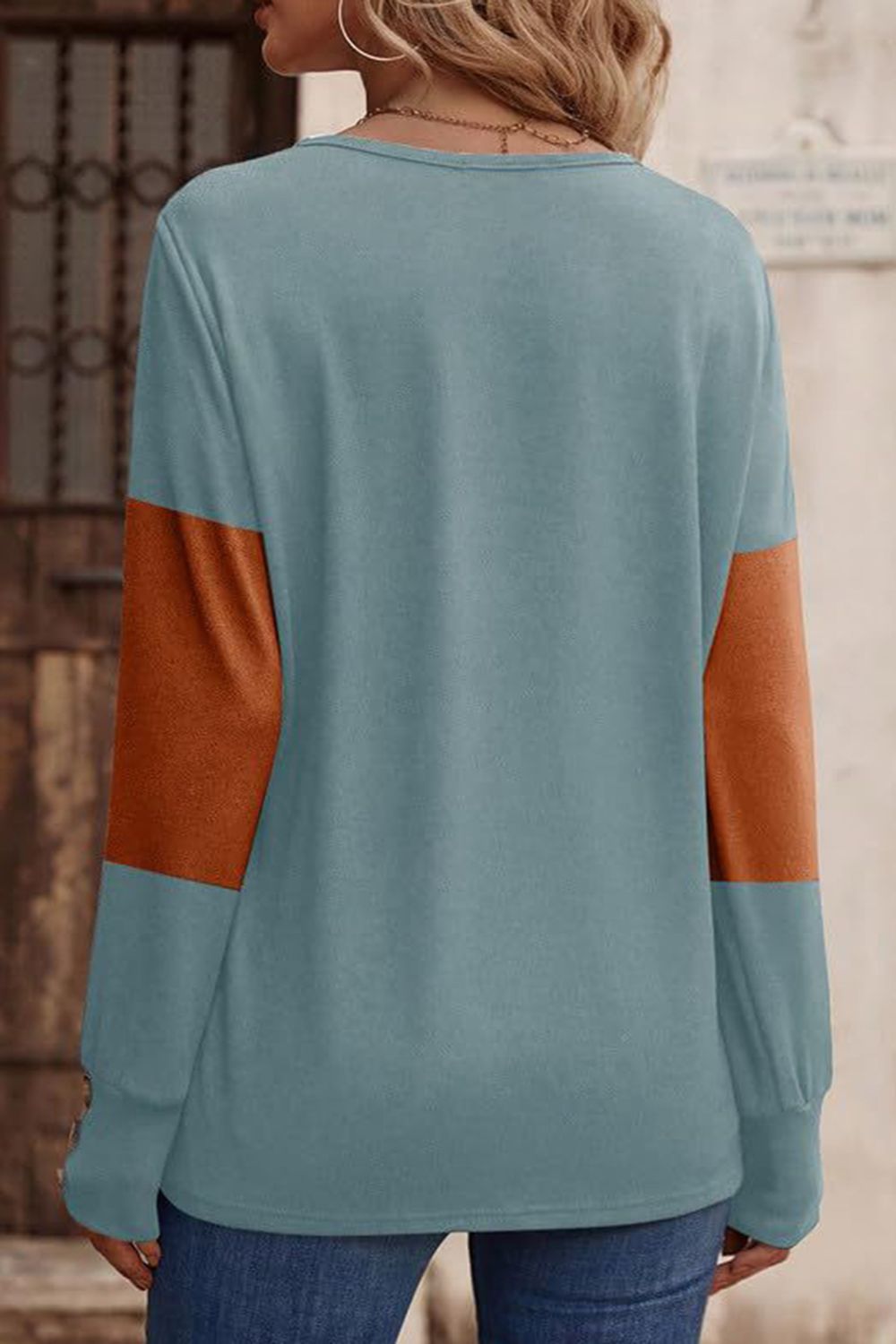 Decorative Button Contrast V-Neck Long Sleeve T-Shirt - AMIN Clothing 