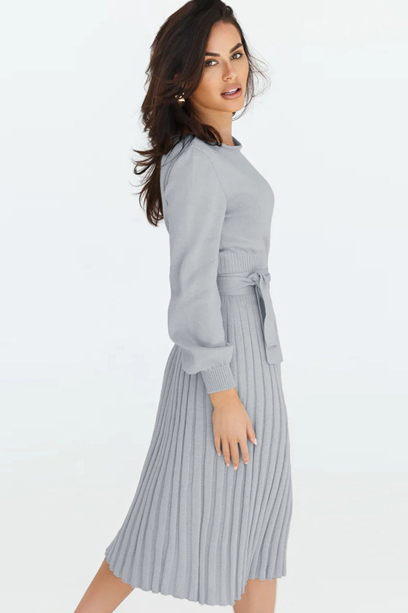 Round Neck Long Sleeve Pleated Sweater Dress - AMIN Clothing 