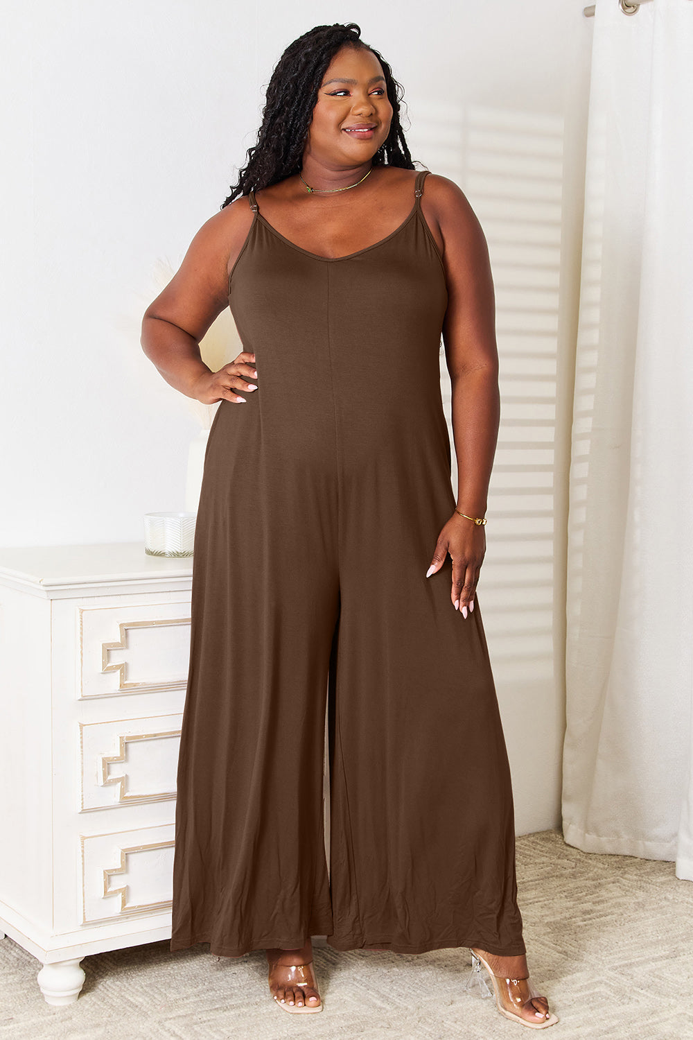 Double Take Full Size Soft Rayon Spaghetti Strap Tied Wide Leg Jumpsuit - AMIN Clothing 