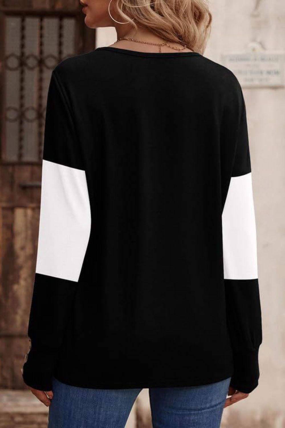 Decorative Button Contrast V-Neck Long Sleeve T-Shirt - AMIN Clothing 