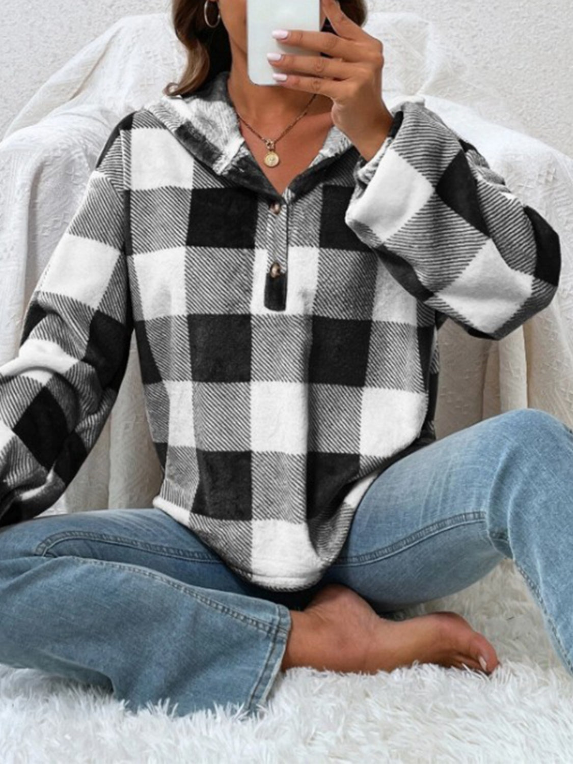 Plaid Half Button Long Sleeve Hoodie - AMIN Clothing 