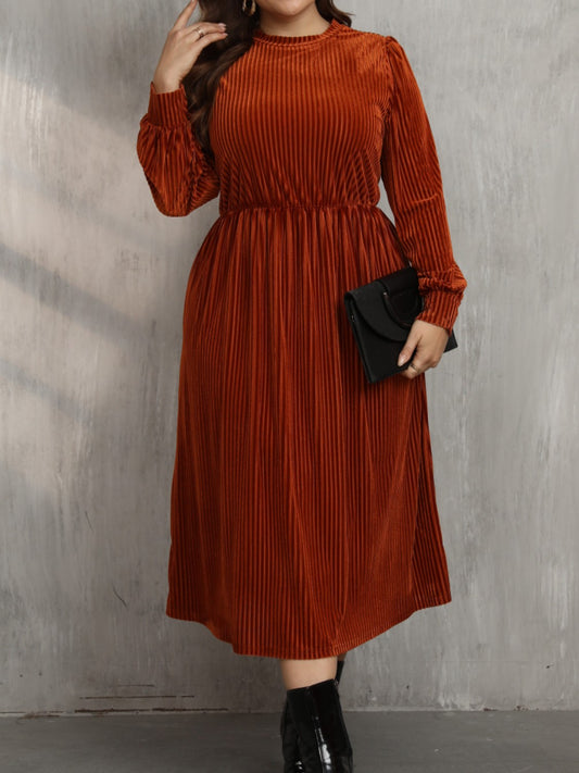 Plus Size Round Neck Long Sleeve Midi Dress - AMIN Clothing 