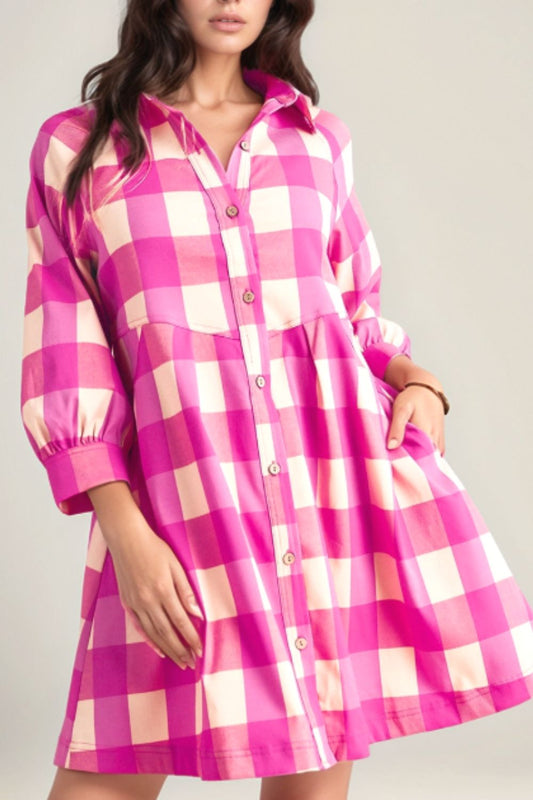 Ruched Plaid Three-Quarter Sleeve Shirt Dress - AMIN Clothing 