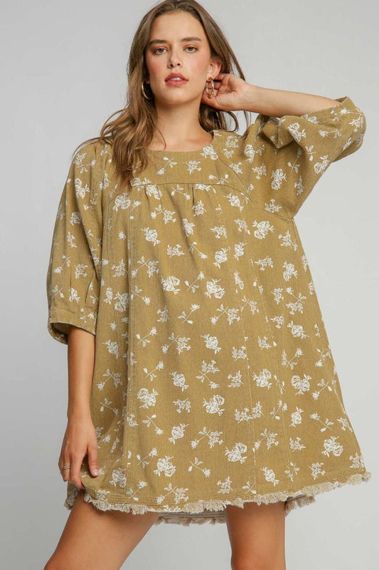 Umgee Raw Hem Floral Print Round Neck Denim Dress - AMIN Clothing 