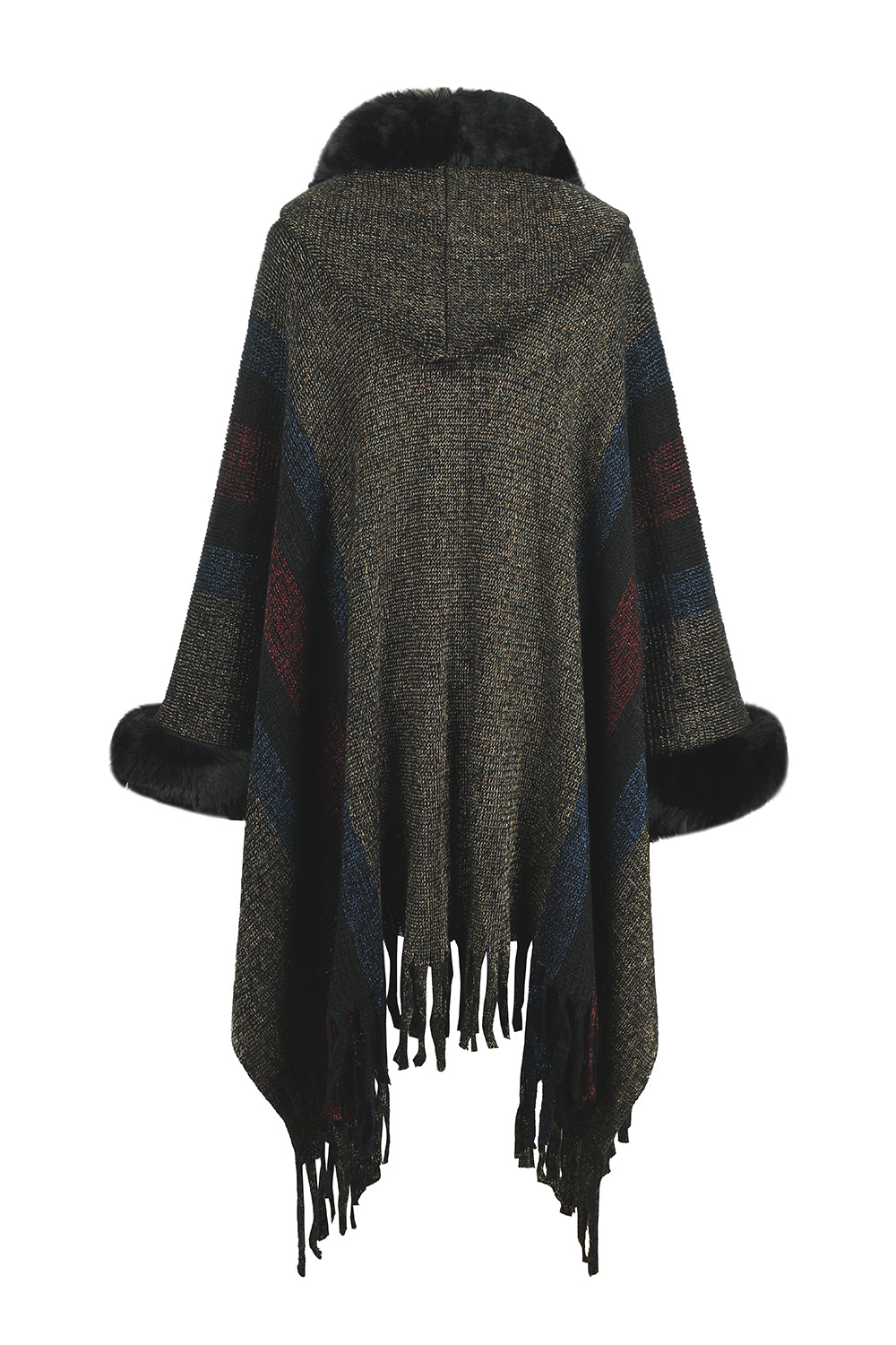 Color Block Fringe Detail Poncho - AMIN Clothing 