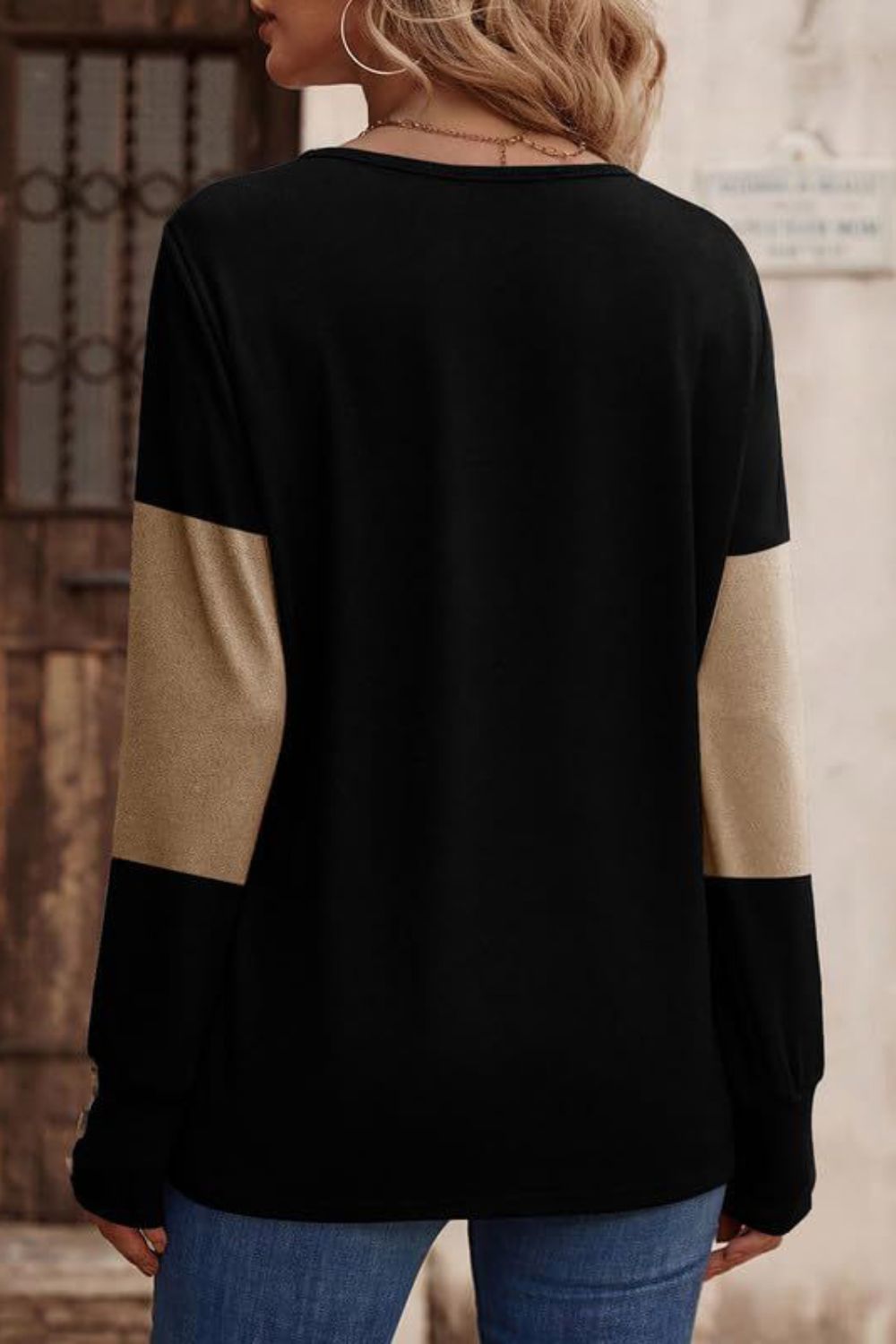 Decorative Button Contrast V-Neck Long Sleeve T-Shirt - AMIN Clothing 