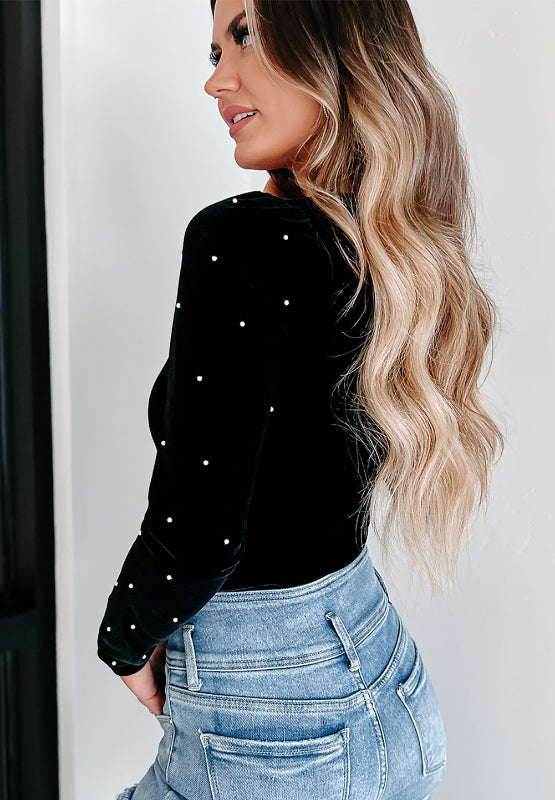 Pearl Detail Velvet V-Neck Long Sleeve Bodysuit - AMIN Clothing 