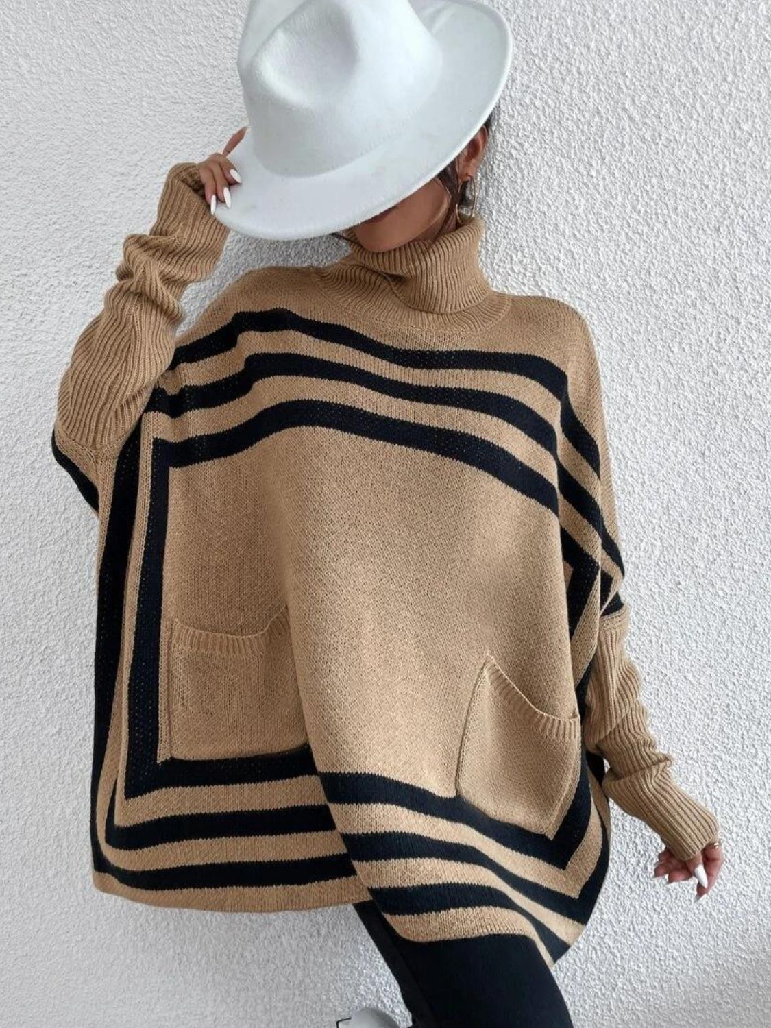 Striped Turtleneck Batwing Sleeve Sweater with Pockets - AMIN Clothing 