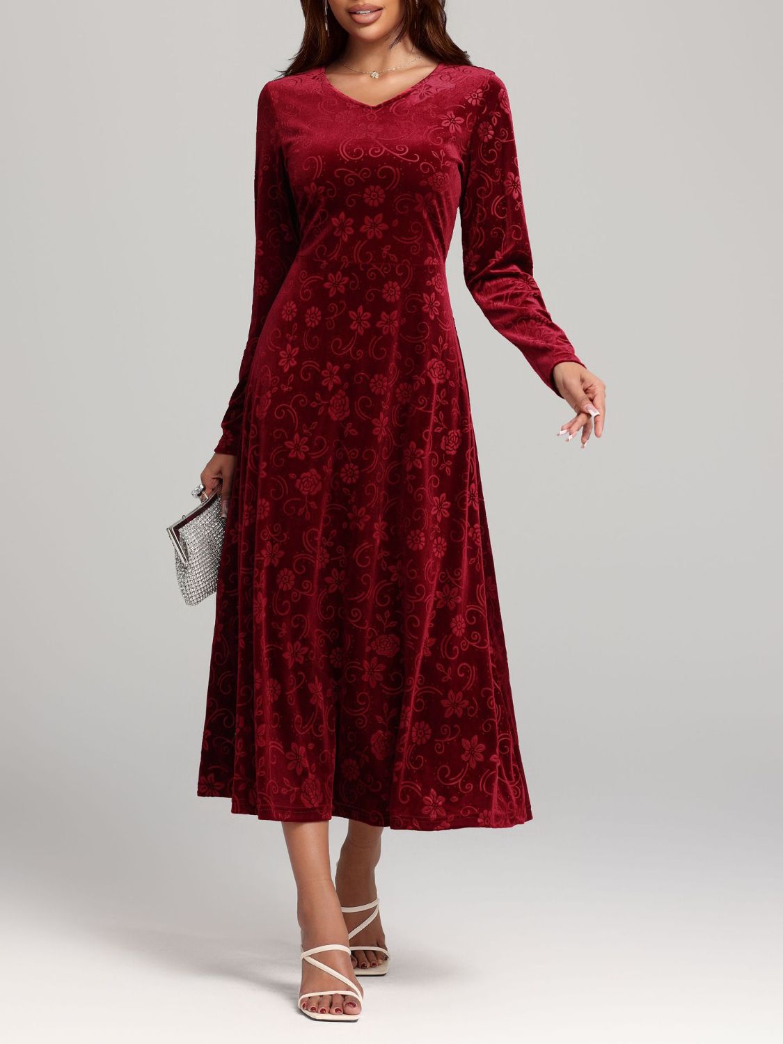 Flower Print V-Neck Long Sleeve Midi Dress - AMIN Clothing 