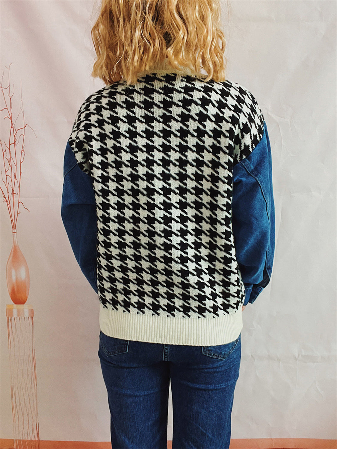 Houndstooth Denim Sleeve Sweater - AMIN Clothing 