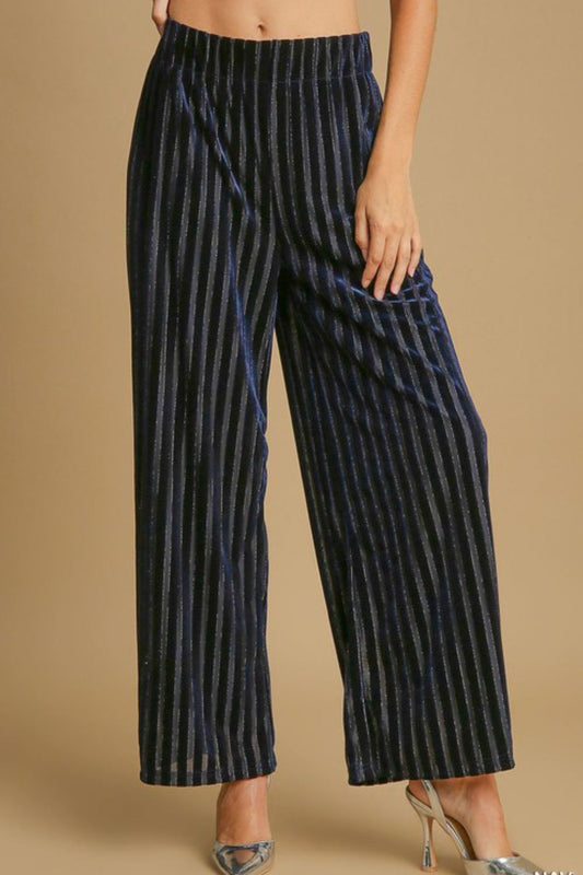 Umgee Full Size Elastic Waist Striped Wide Leg Velvet Pants - AMIN Clothing 