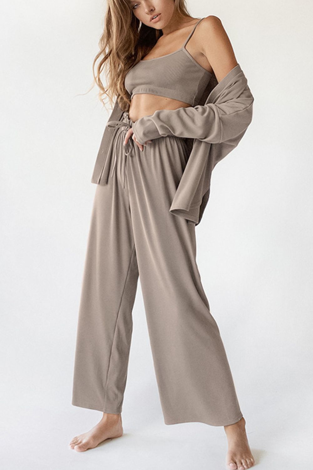 Spaghetti Strap Bra, Open Front Cardigan and Drawstring Pants Set - AMIN Clothing 