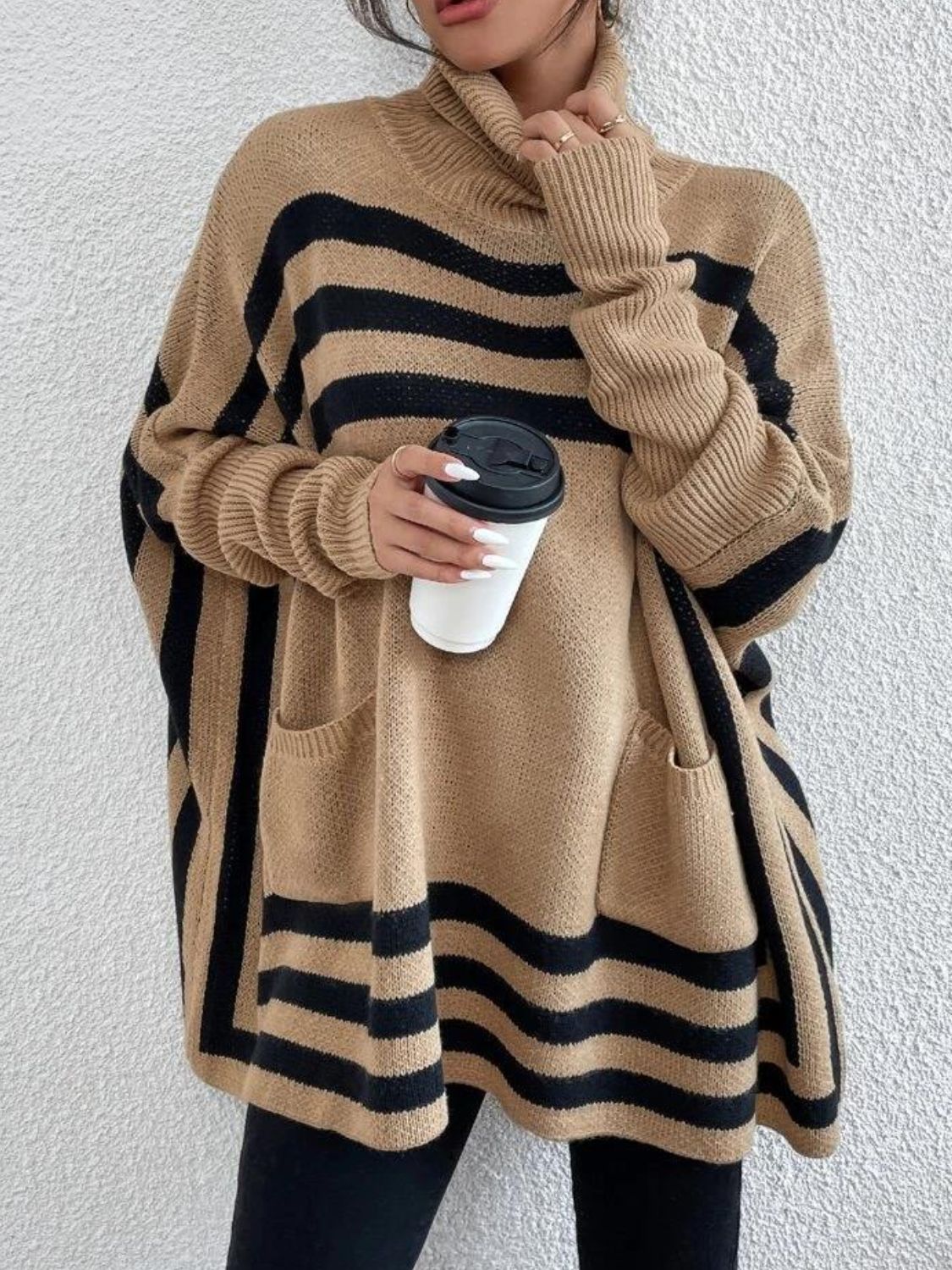 Striped Turtleneck Batwing Sleeve Sweater with Pockets - AMIN Clothing 