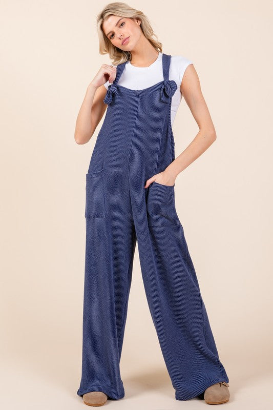 BOMBOM Knot Straps Wide Leg Ribbed Overalls with Pockets - AMIN Clothing 