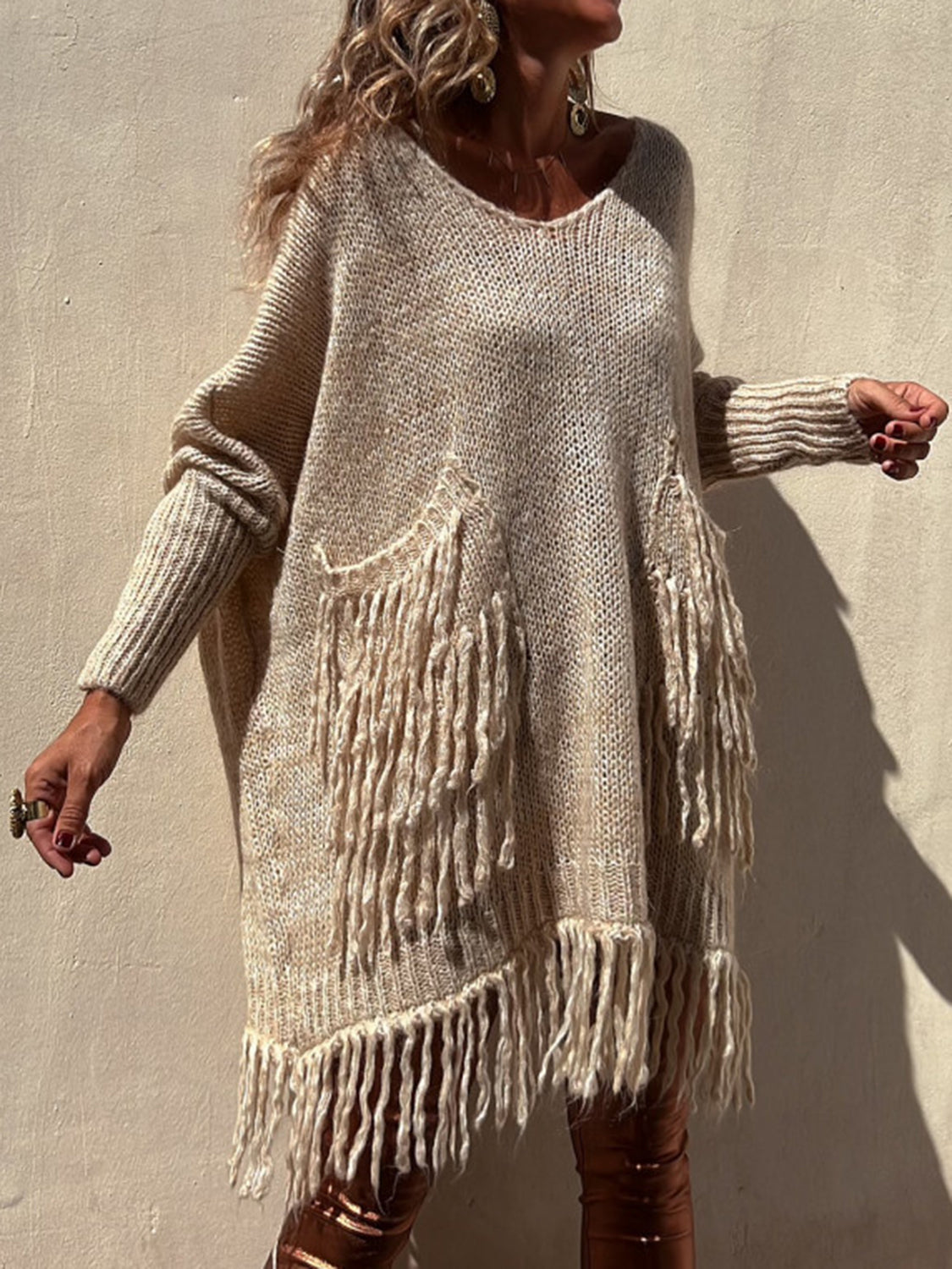 Fringe Detail Long Sleeve Sweater with Pockets - AMIN Clothing 