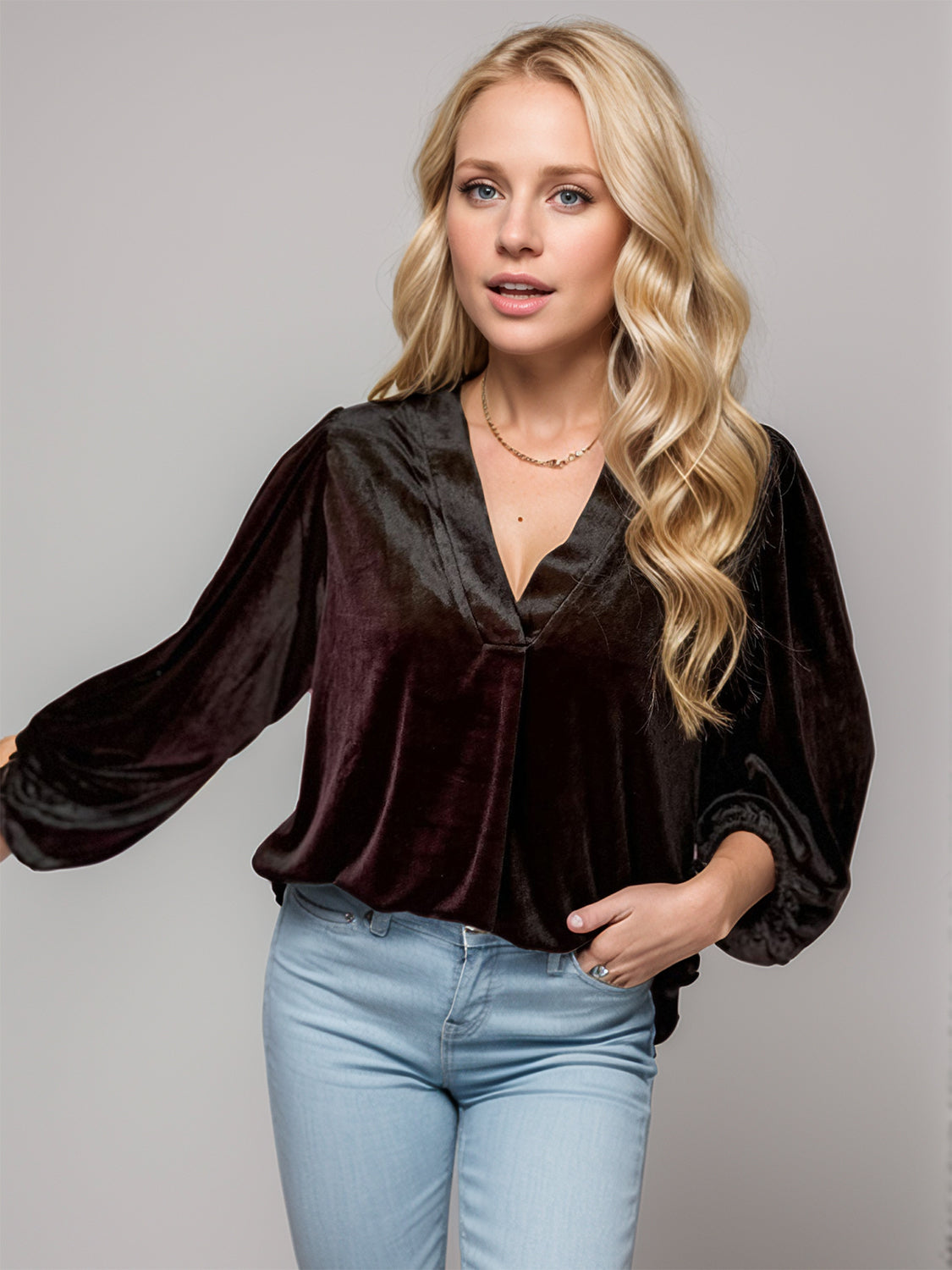 V-Neck Three-Quarter Sleeve Blouse - AMIN Clothing 