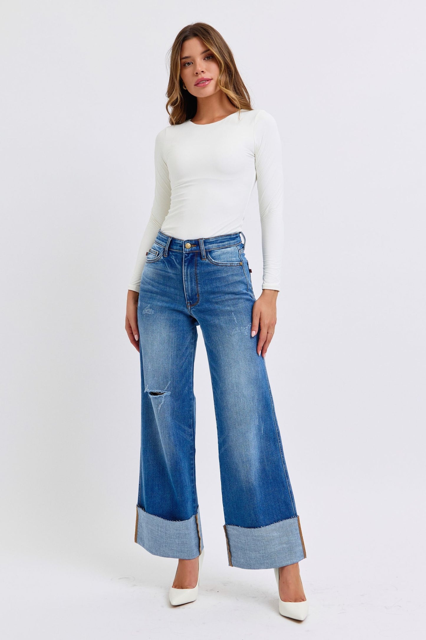 Judy Blue Full Size Distressed High Waist Wide Leg Jeans - AMIN Clothing 