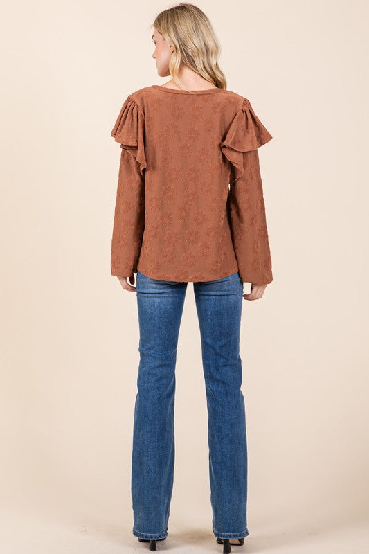 BOMBOM Ruffled Flower Round Neck Blouse - AMIN Clothing 