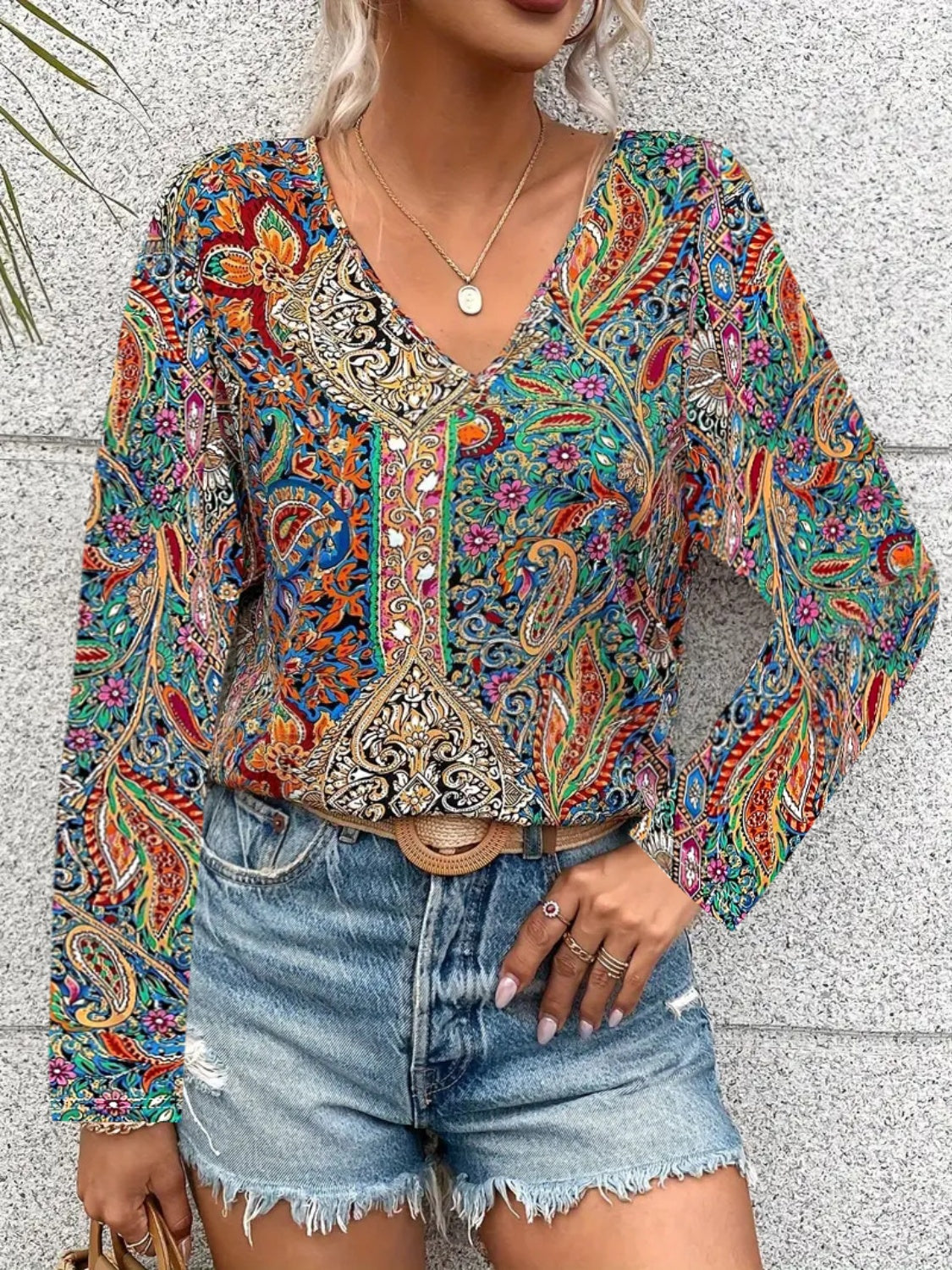 Printed V-Neck Long Sleeve Blouse - AMIN Clothing 