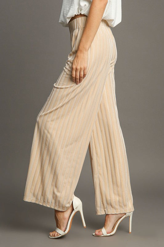 Umgee Elastic Waist Striped Wide Leg Velvet Pants - AMIN Clothing 