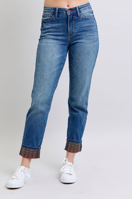 Judy Blue Full Size Plaid Print Cuff Straight Leg Jeans with Pockets - AMIN Clothing 