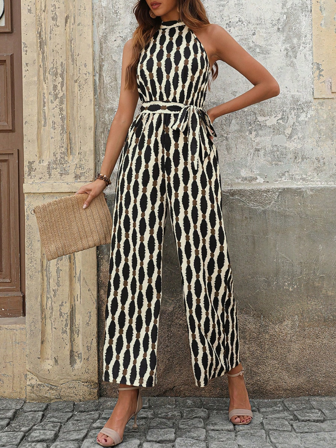 Tied Printed Grecian Neck Jumpsuit - AMIN Clothing 