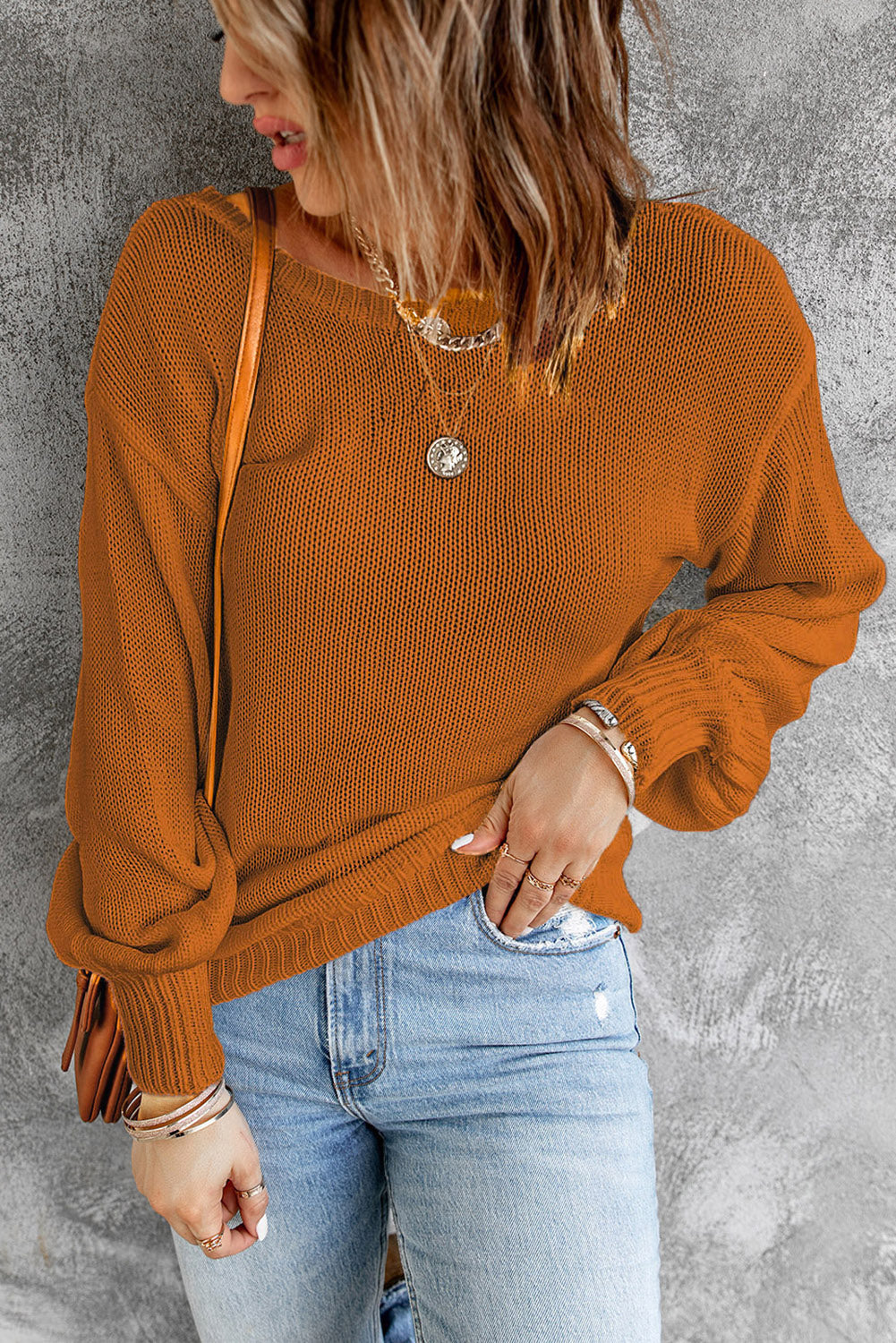 Tied Balloon Sleeve Round Neck Sweater - AMIN Clothing 