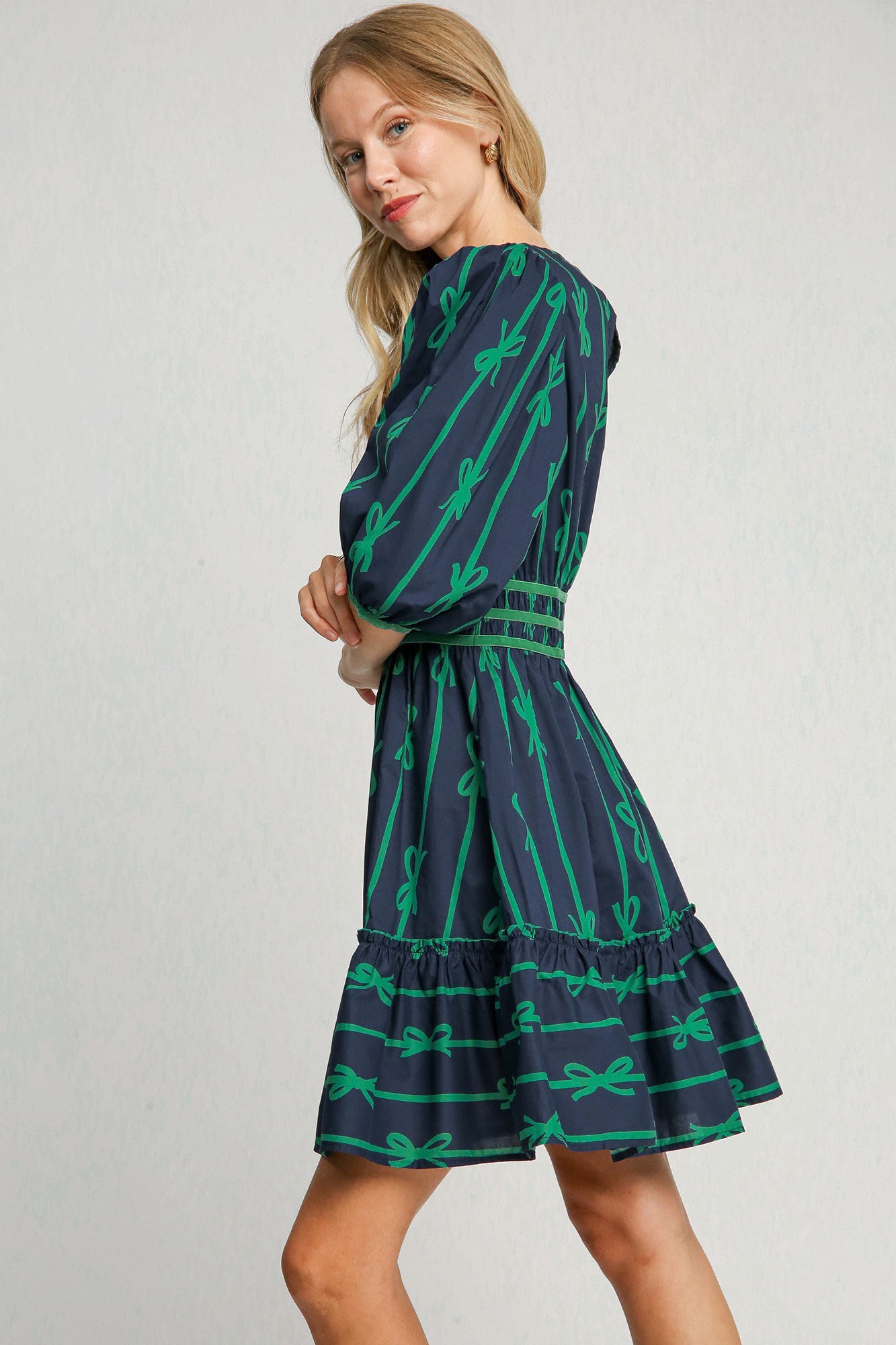 Umgee Ribbon Print Frill Contrast Velvet Trim Half Sleeve Dress - AMIN Clothing 