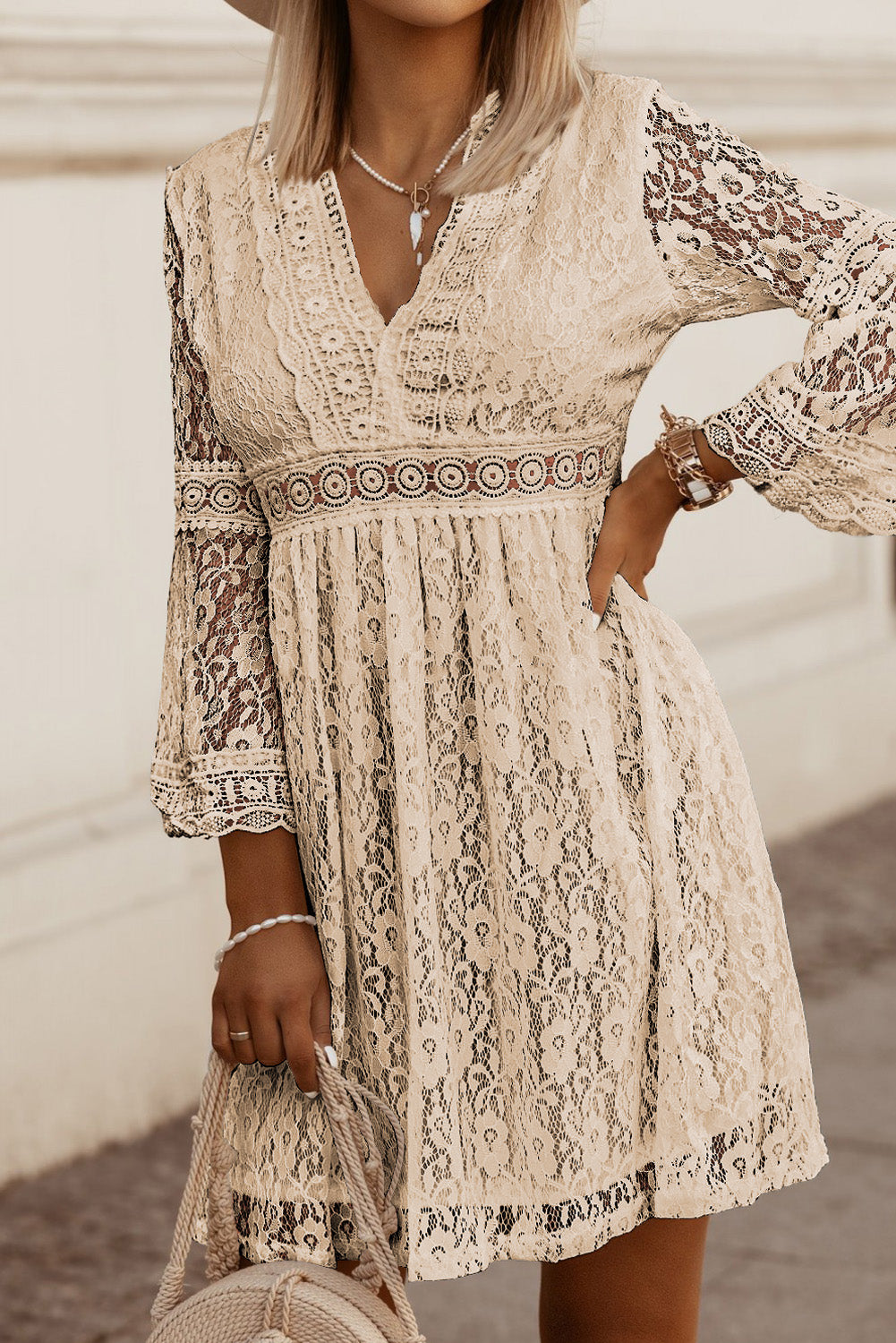 Lace V-Neck Three-Quarter Sleeve Dress - AMIN Clothing 