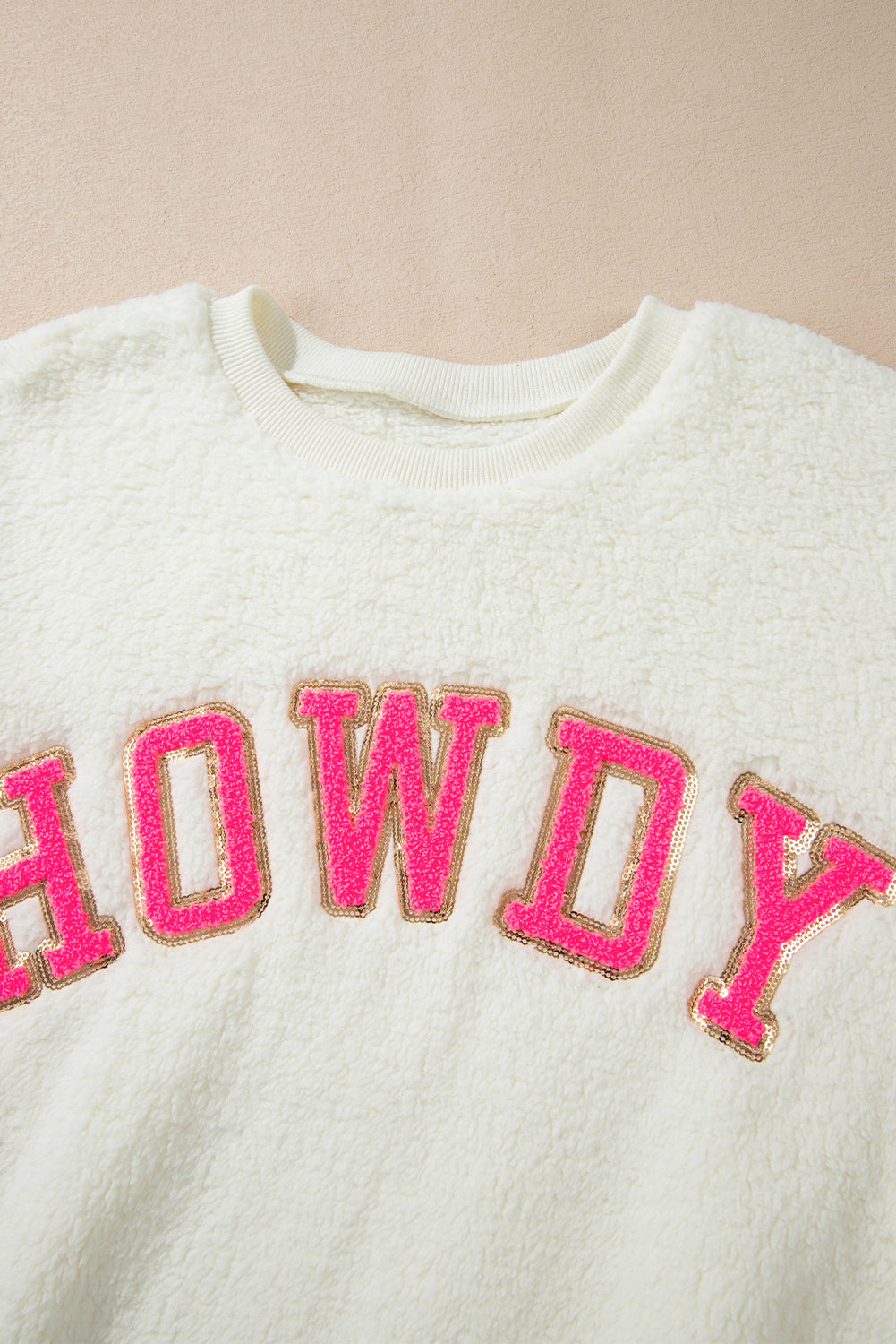 HOWDY Patched Round Neck Sherpa Sweatshirt - AMIN Clothing 