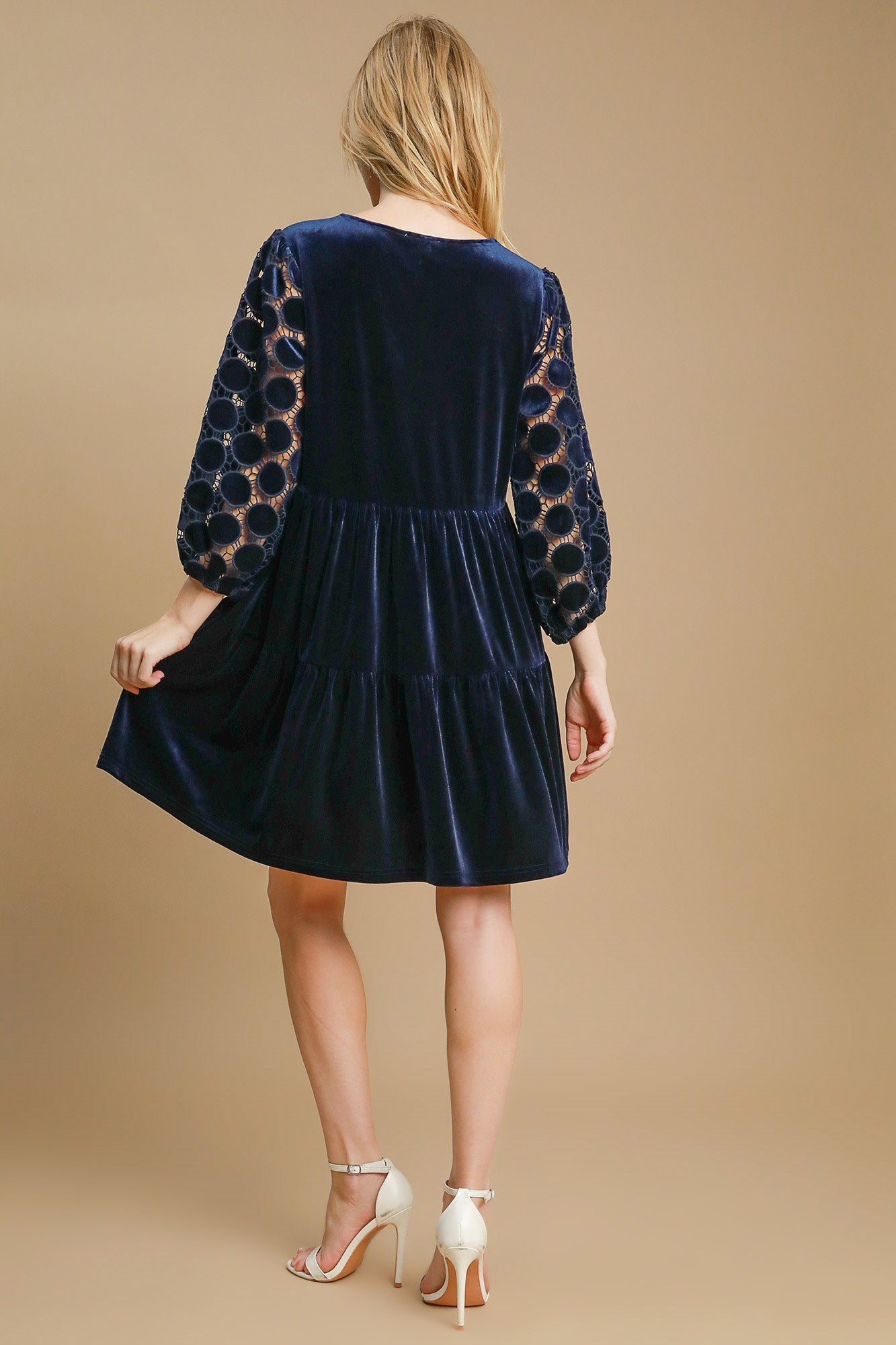 Umgee Dotted Lace Sleeve Tiered Velvet Mini Dress - AMIN Clothing 