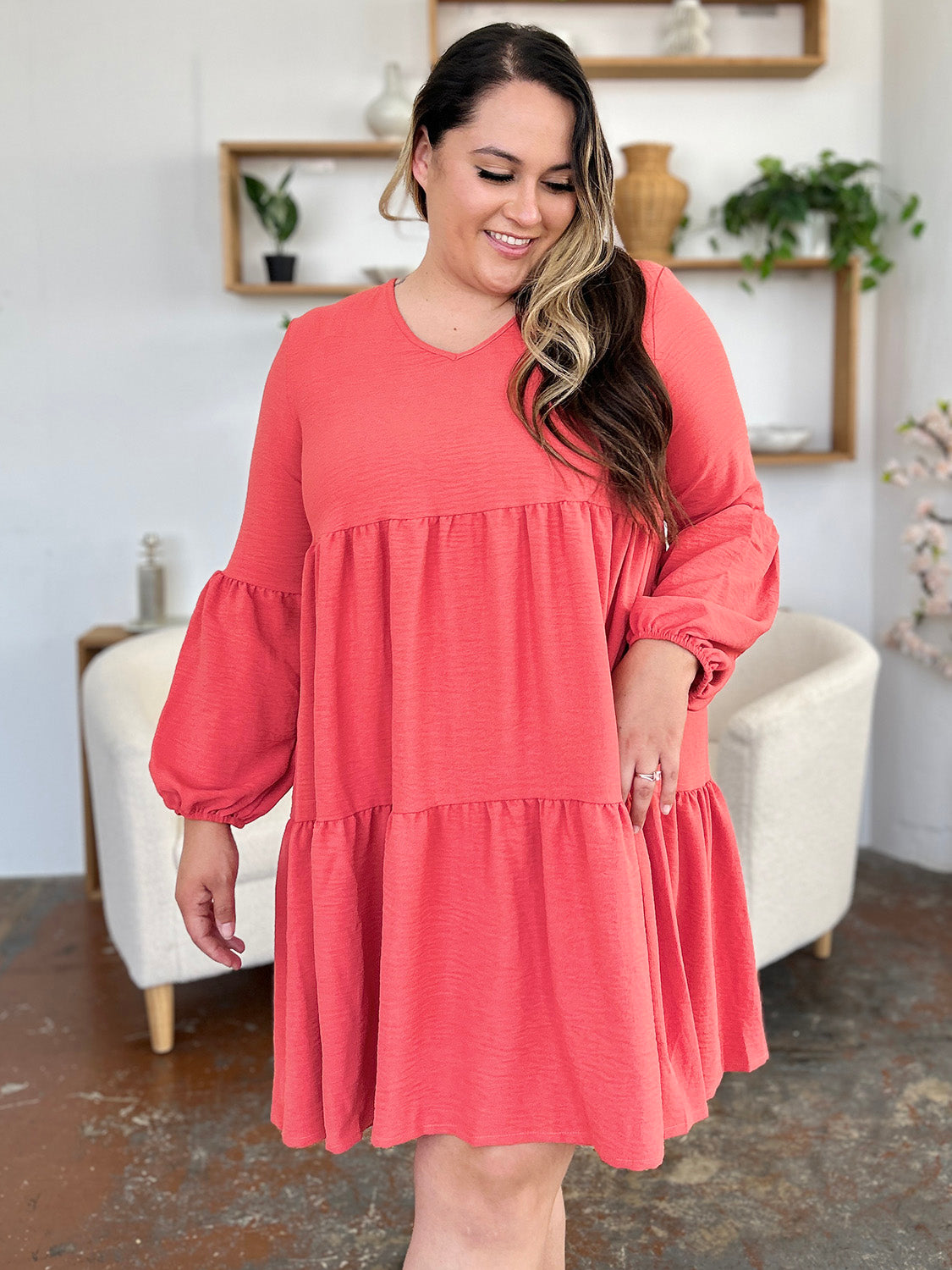 Double Take Full Size V-Neck Balloon Sleeve Tiered Dress with Pockets - AMIN Clothing 