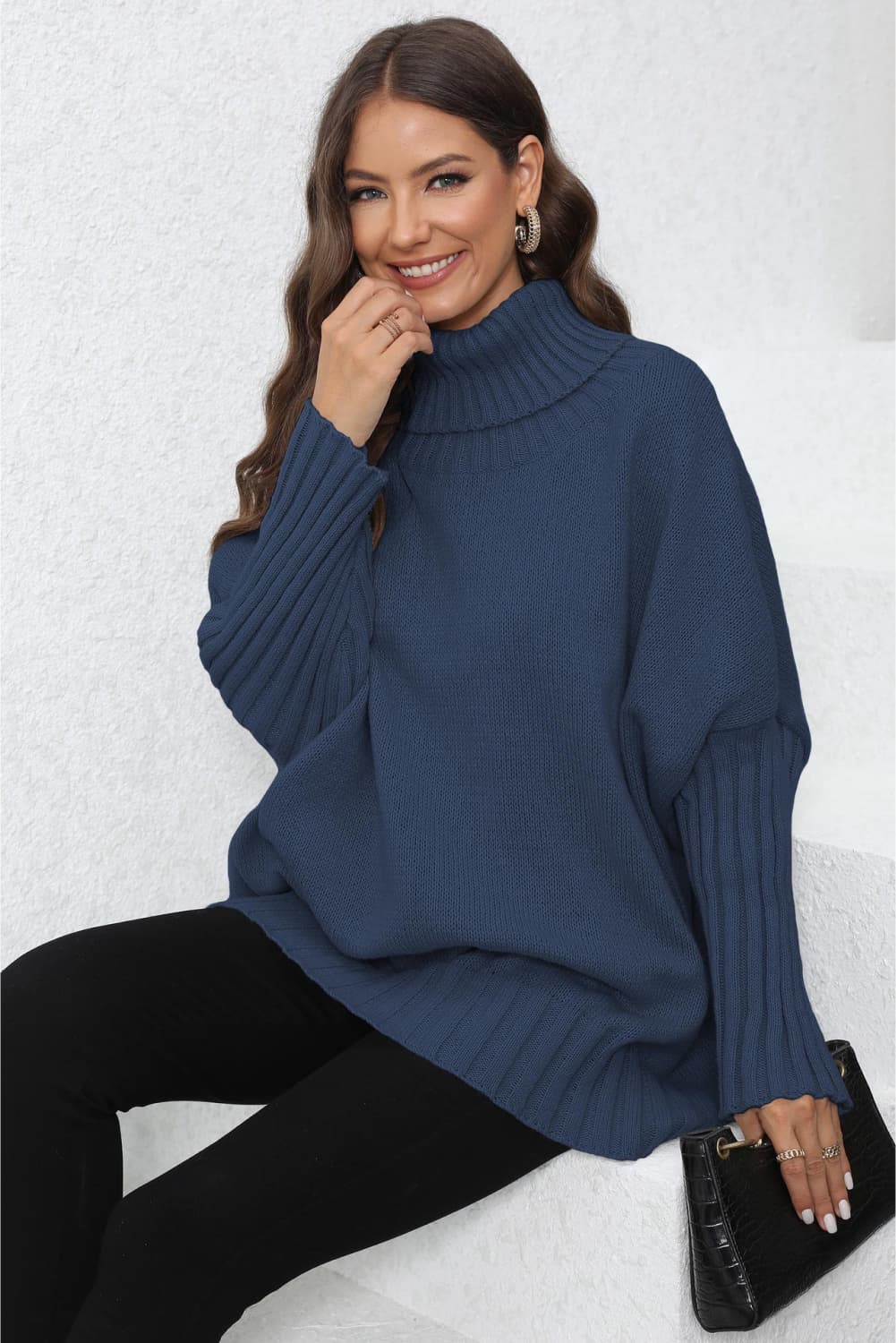 Turtle Neck Long Sleeve Ribbed Sweater - AMIN Clothing 